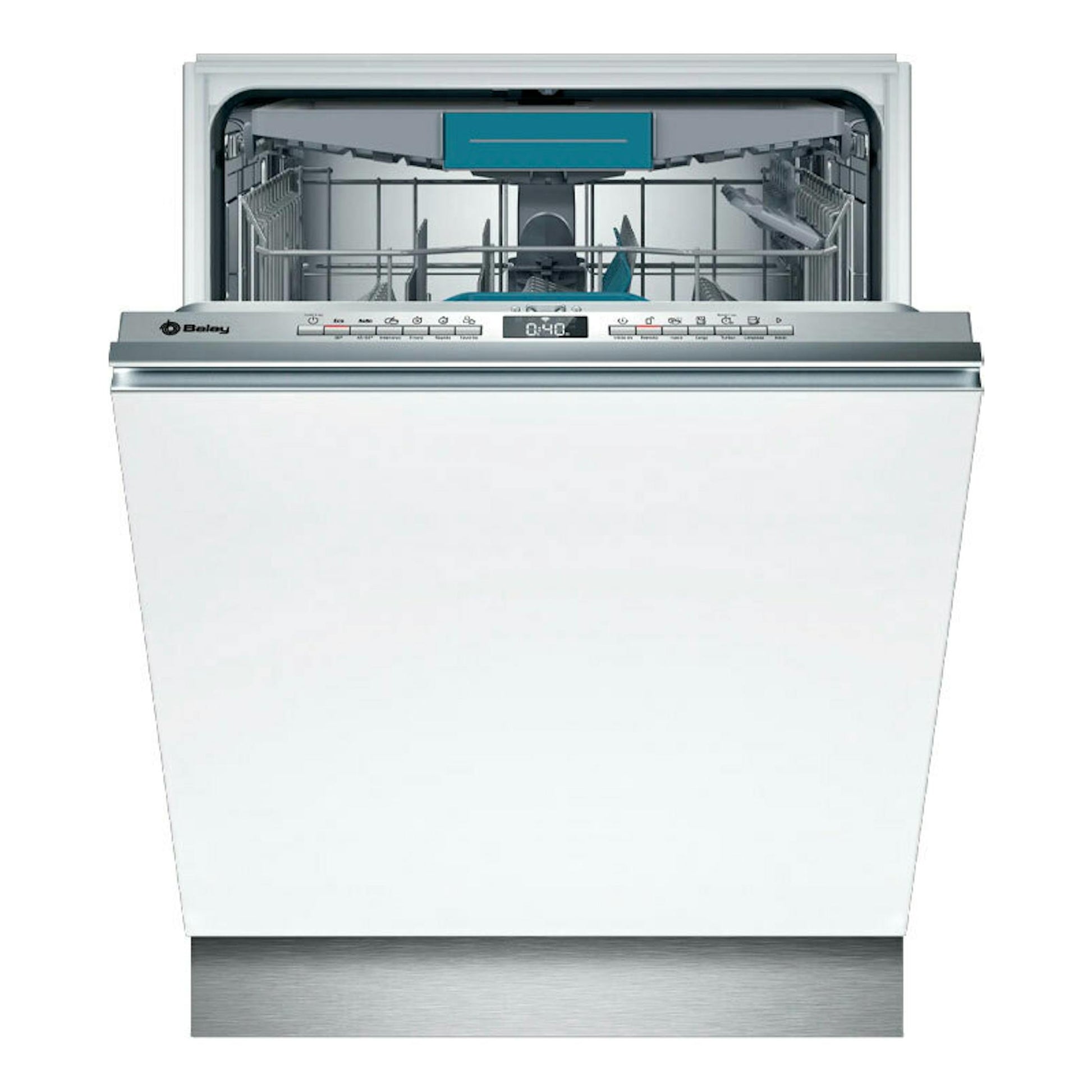 Lavavajillas integrable Balay 3VF6330SA de 60 cm, frontal blanco con panel superior abierto.