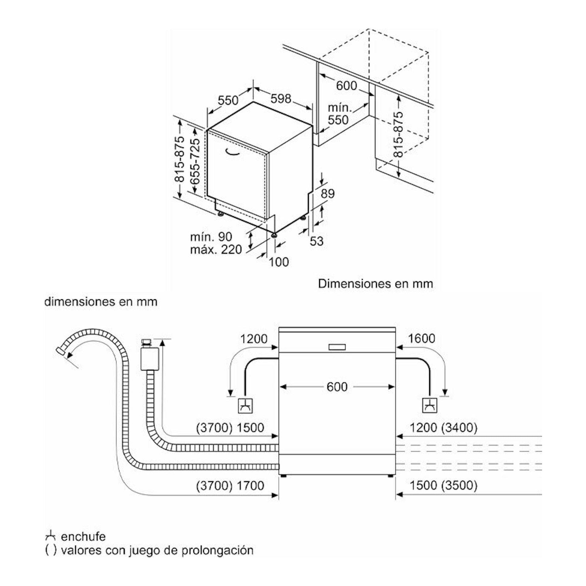 Balay 3VF6360SA: diagrama técnico de lavavajillas integrable de 60 cm, vista frontal y medidas en mm.