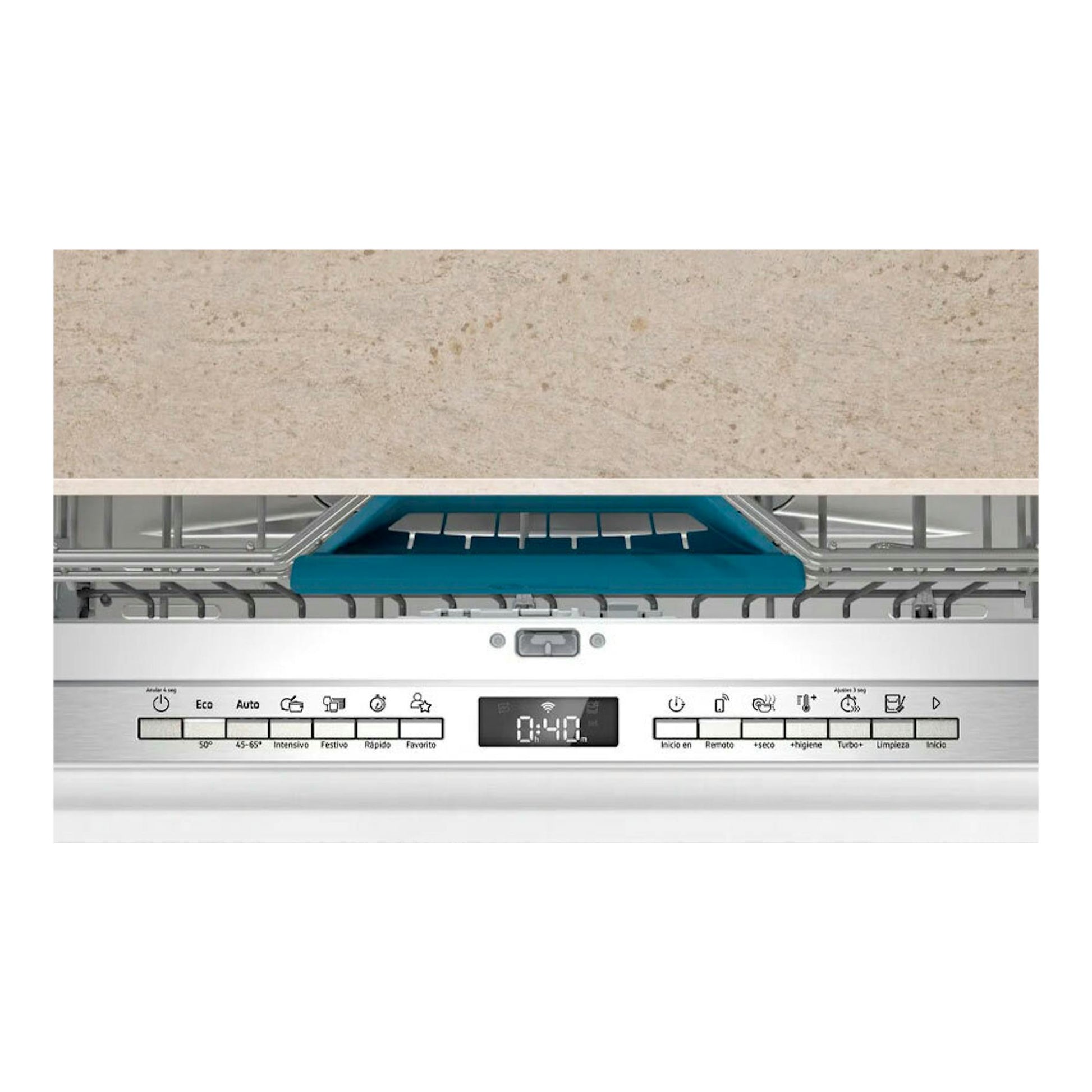Lavavajillas integrable Balay 3VF6360SA, vista frontal con puerta abierta y panel de control digital blanco.