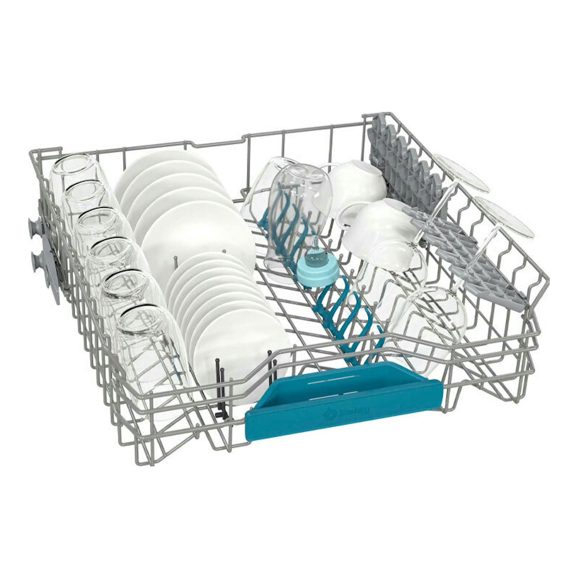 Balay 3VH6330SA: cesta inferior de lavavajillas integrable con platos, vasos y tazas sobre fondo blanco.