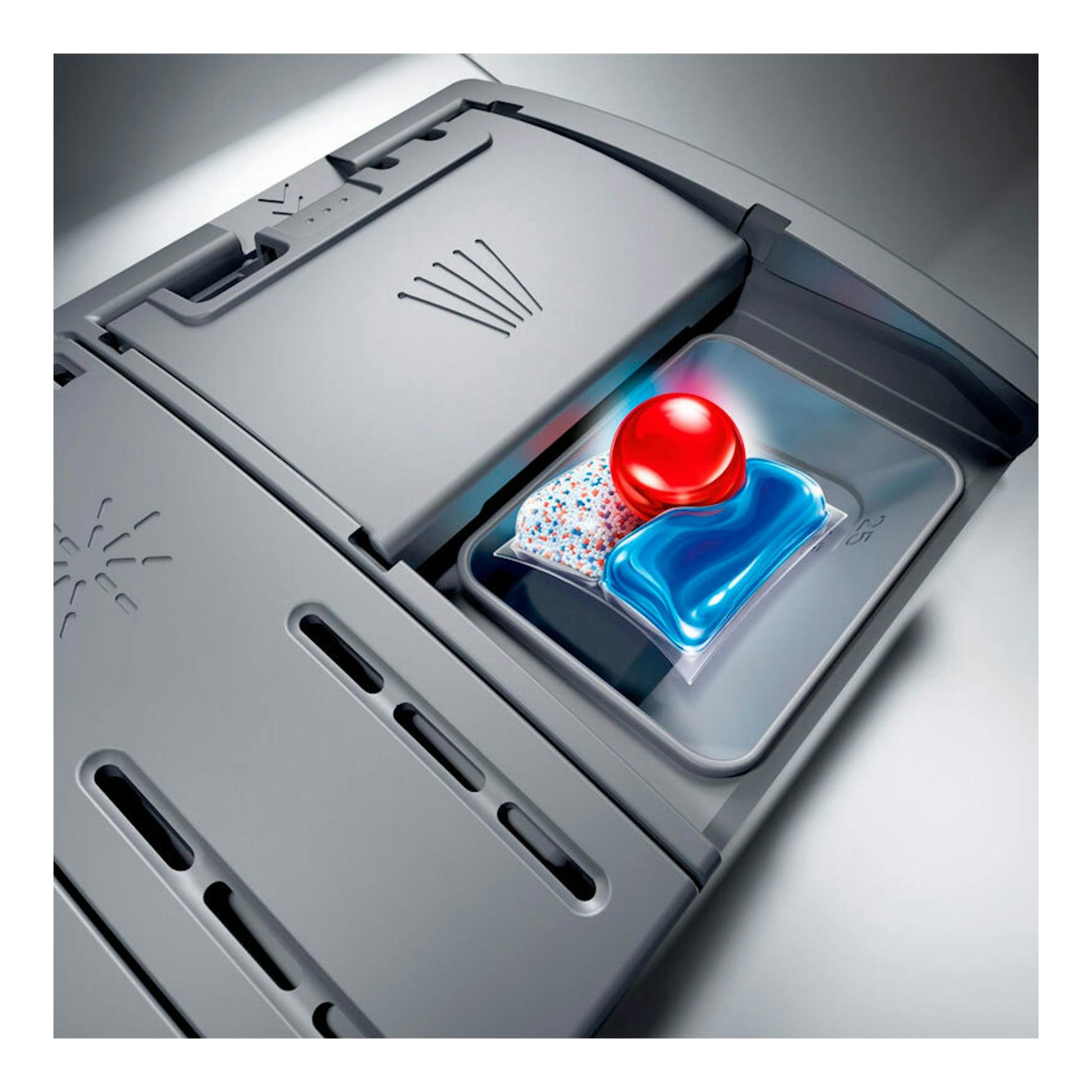 Bosch SBH4HVX14E: vista superior de un lavavajillas integrable gris con compartimento de detergente abierto.
