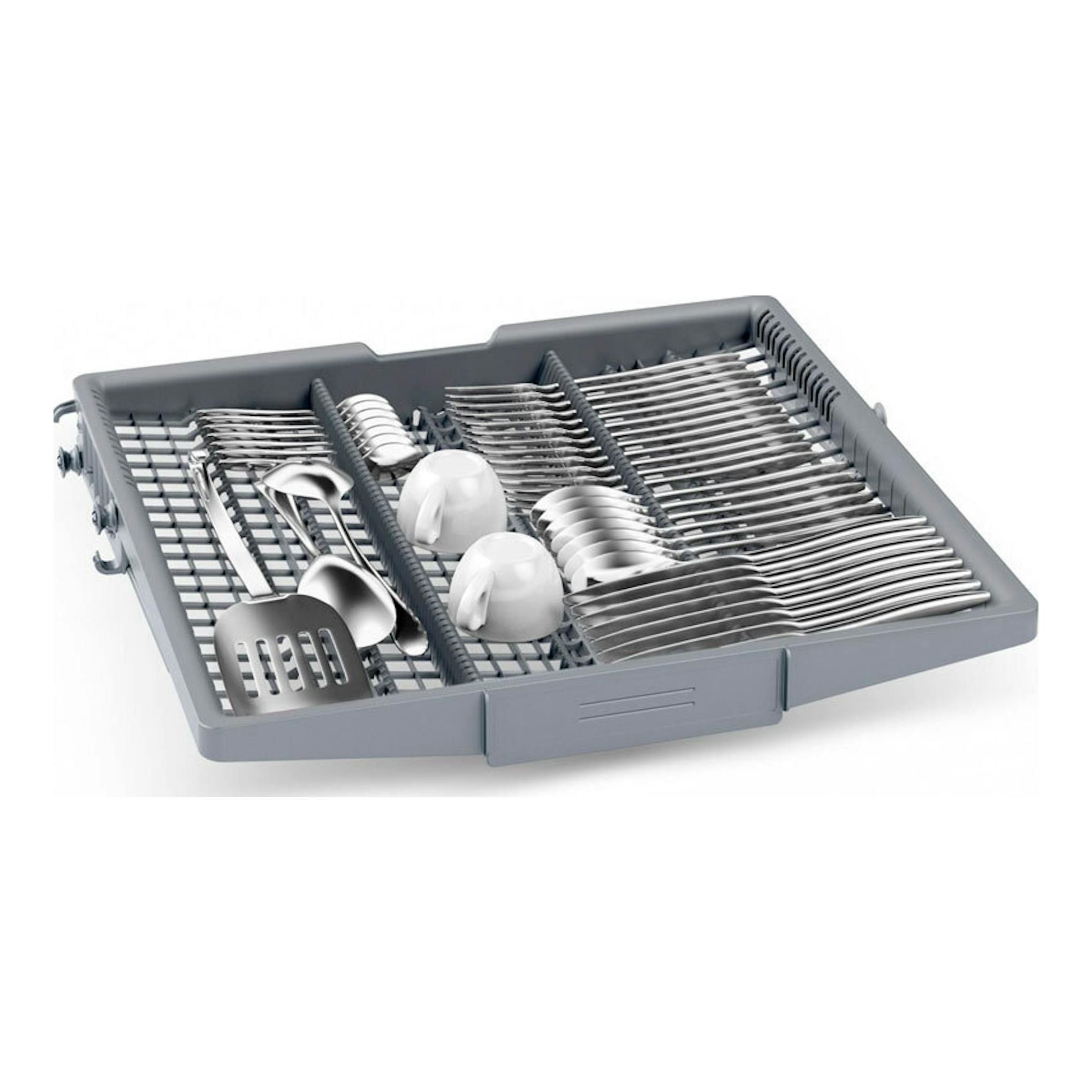 Bandeja gris para cubiertos y tazas, vista en perspectiva, de lavavajillas Bosch SBH4HVX14E.