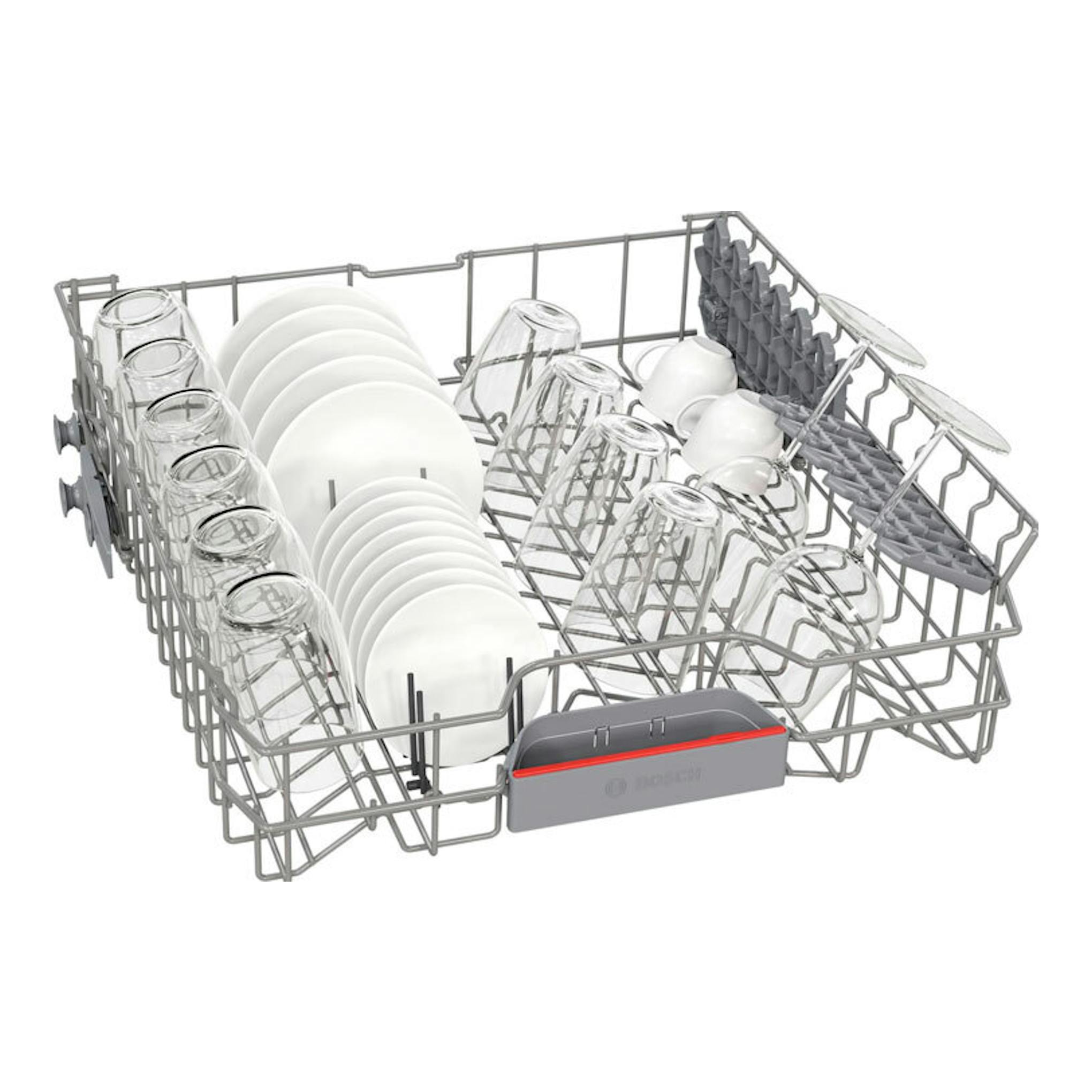 Cesta interior de lavavajillas Bosch SBH4HVX14E con platos, vasos y copas, vista en perspectiva.