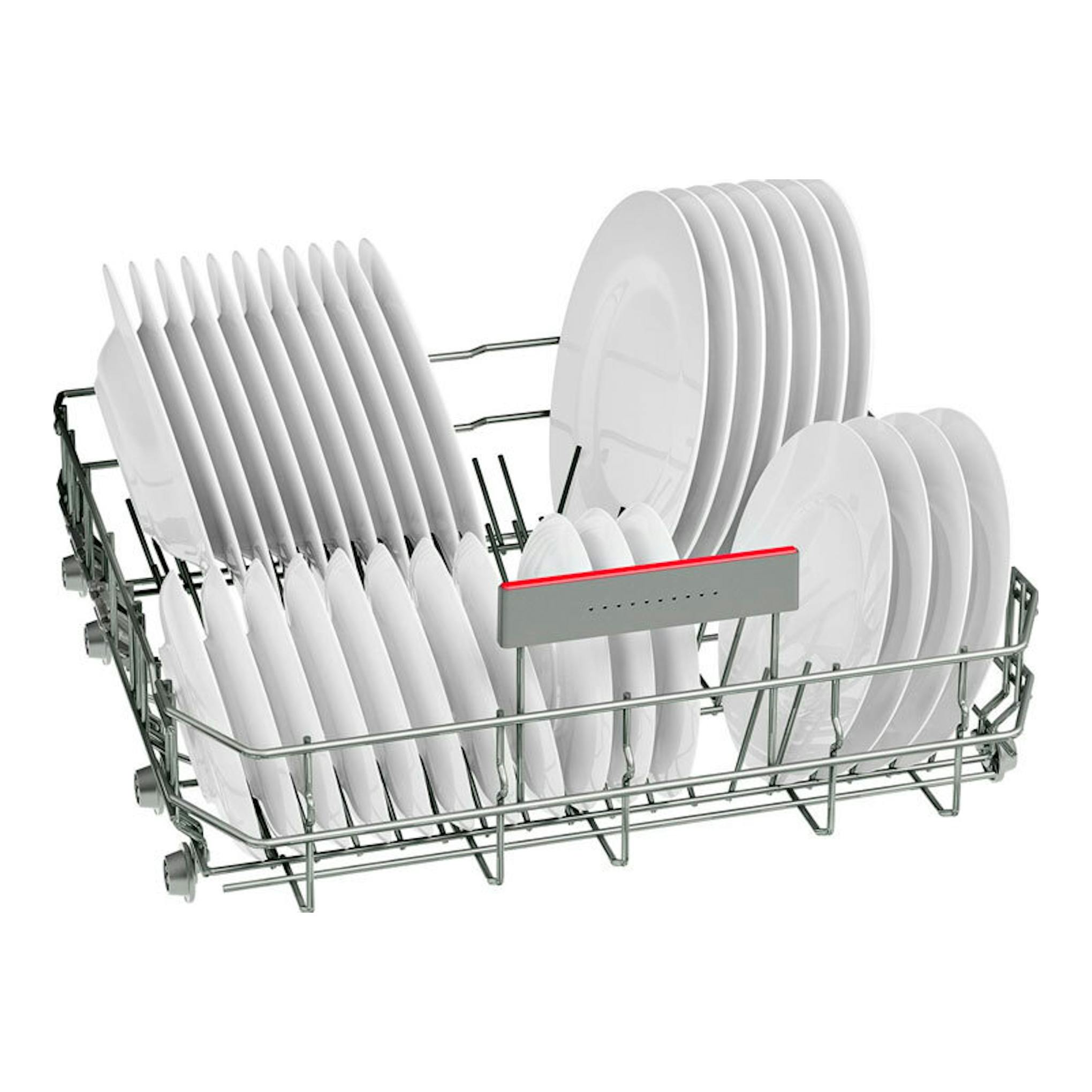 Bosch SBH4HVX14E: cesta de lavavajillas con platos blancos, vista frontal sobre fondo blanco