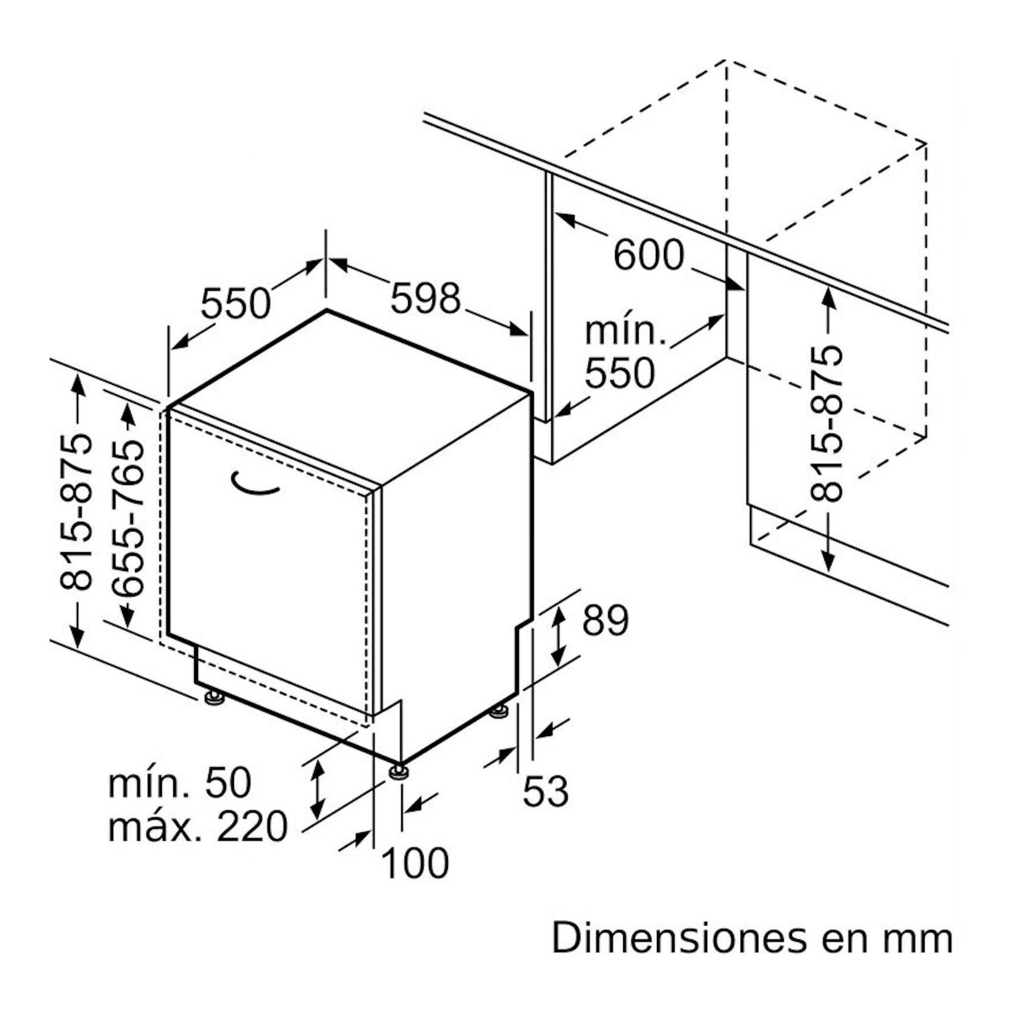 Esquema en perspectiva de lavavajillas integrable Bosch SMH4HVX14E, con medidas en mm.