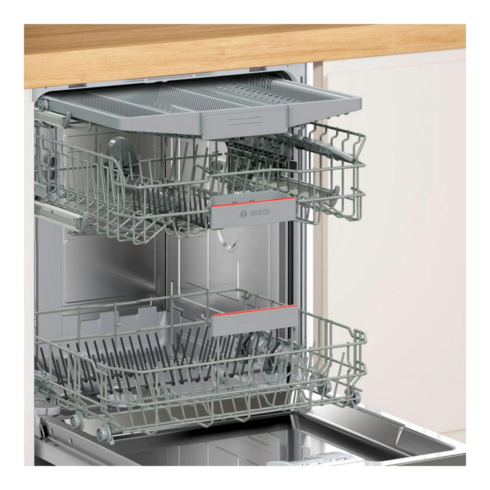 Lavavajillas integrable Bosch SMH4HVX14E abierto, con cestas interiores grises, vista frontal.