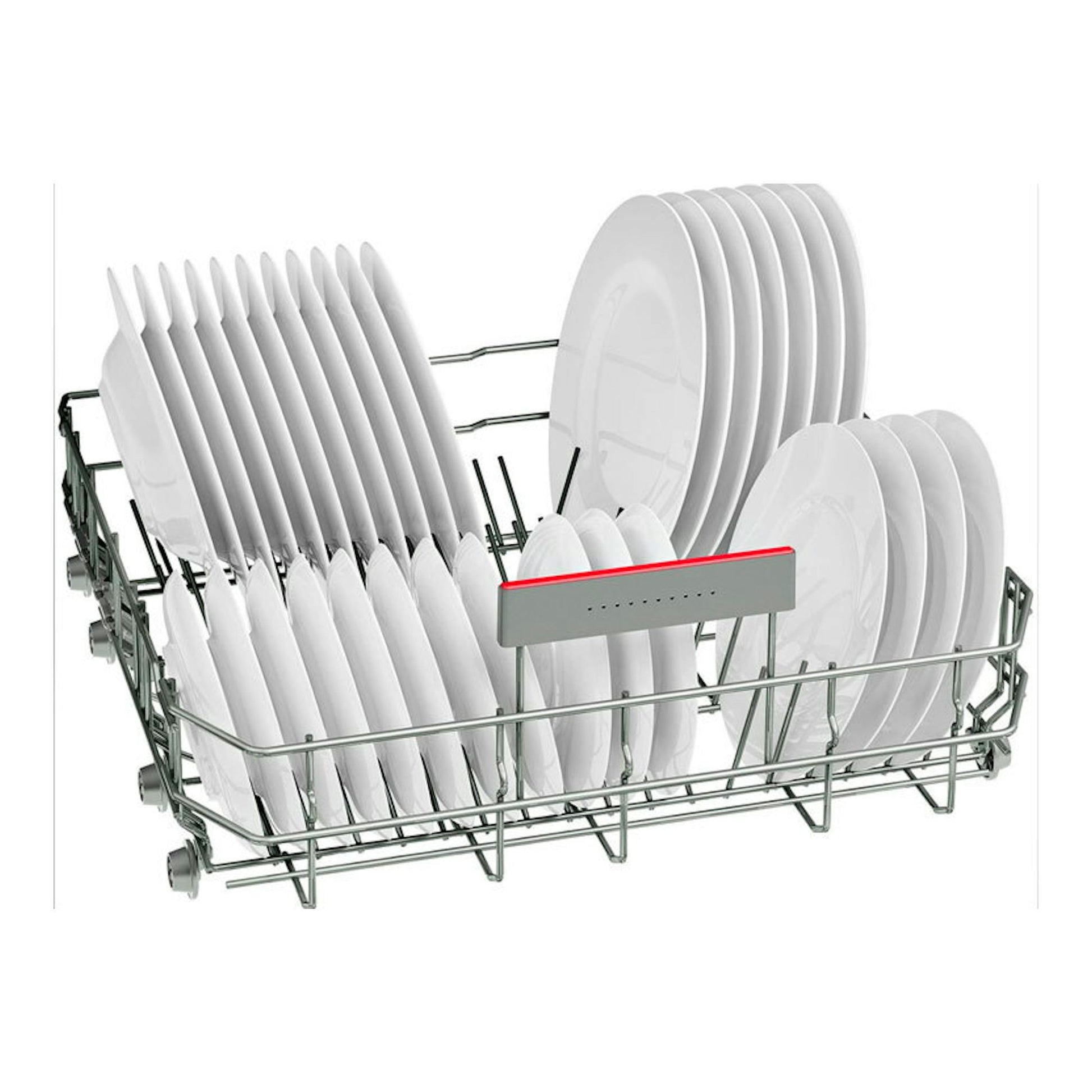 Bosch SMH4HVX14E: cesta de lavavajillas integrable con platos blancos, vista frontal sobre fondo blanco.