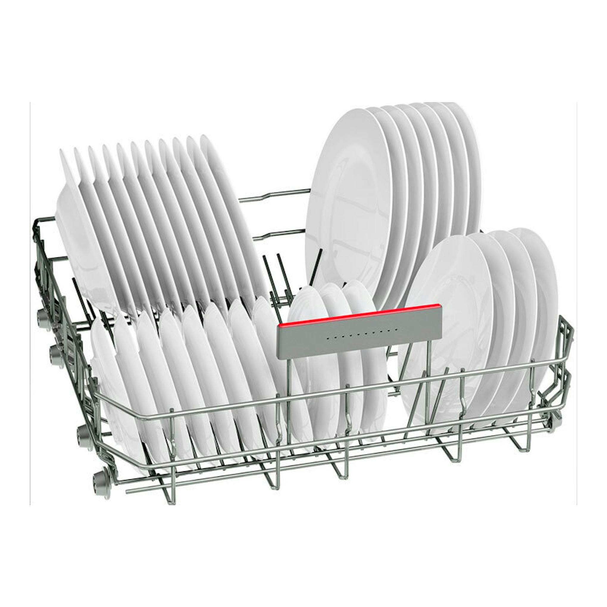 Bosch SMH4HVX14E: cesta de lavavajillas integrable con platos blancos, vista frontal sobre fondo blanco.