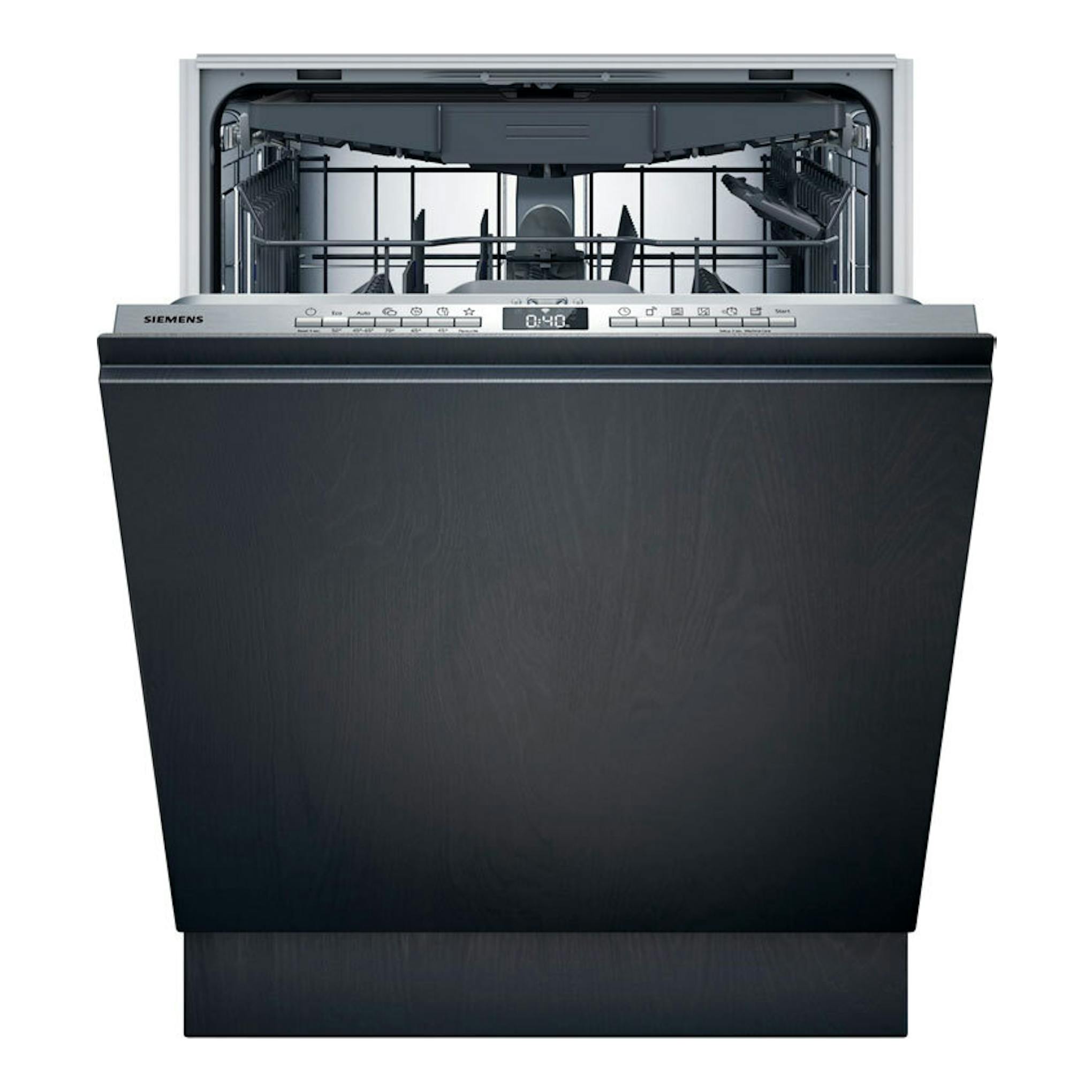Lavavajillas integrable Siemens SN73HX03VE negro, vista frontal con la puerta abierta.