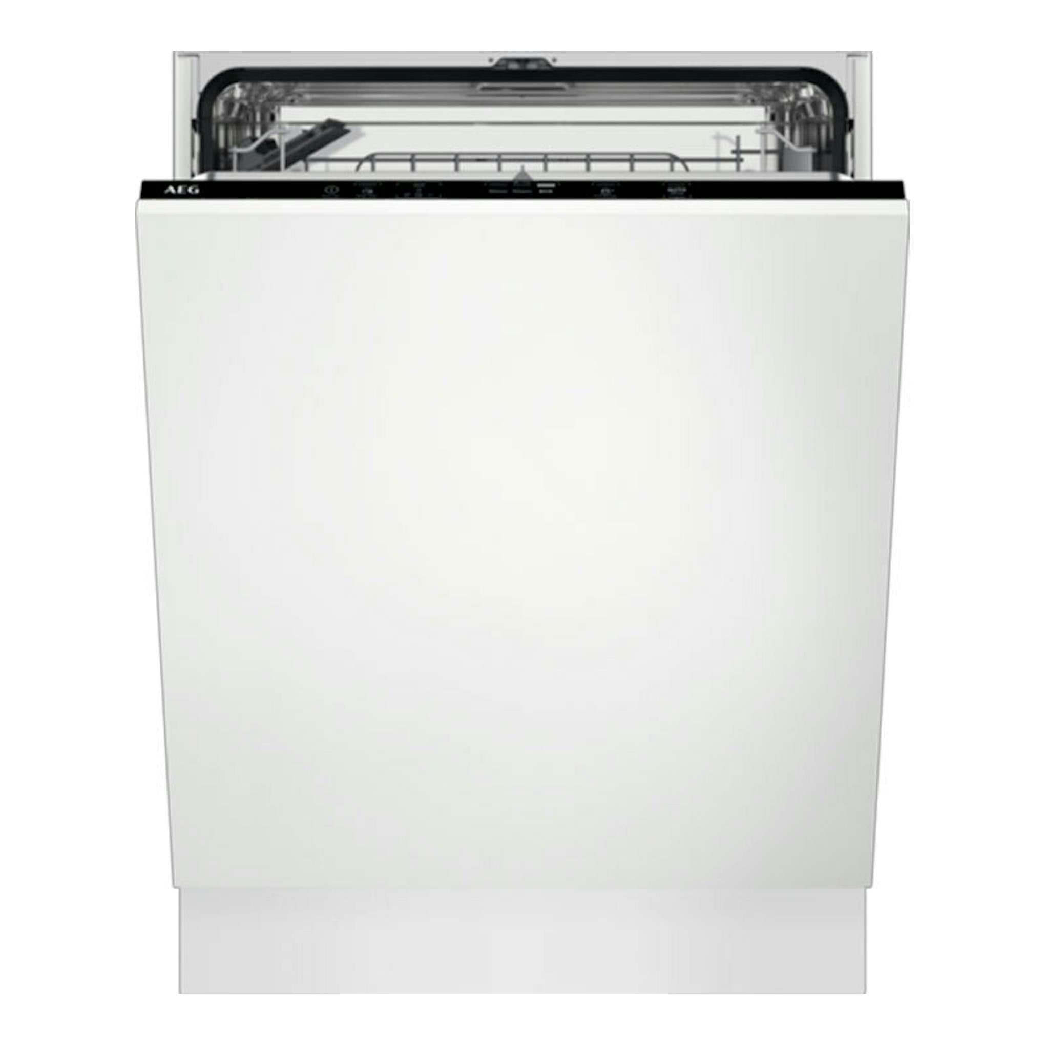 Lavavajillas integrable AEG FSE54600Z, vista frontal, panel blanco y parte superior abierta.