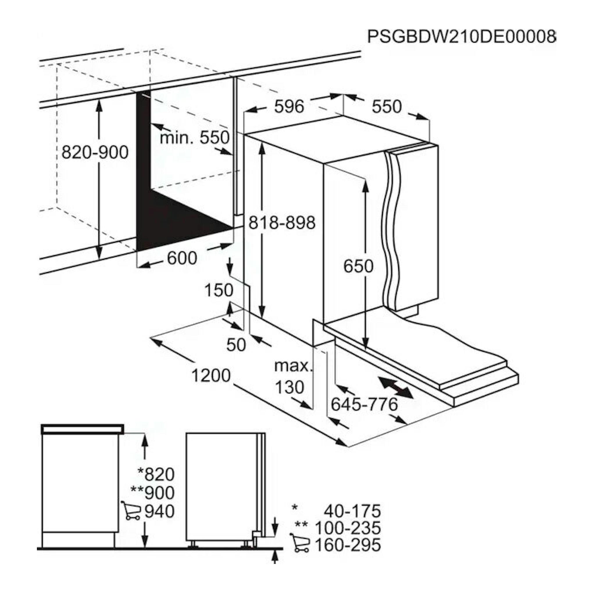 Esquema técnico de instalación de lavavajillas integrable AEG FSE54600Z 60 cm, con medidas.