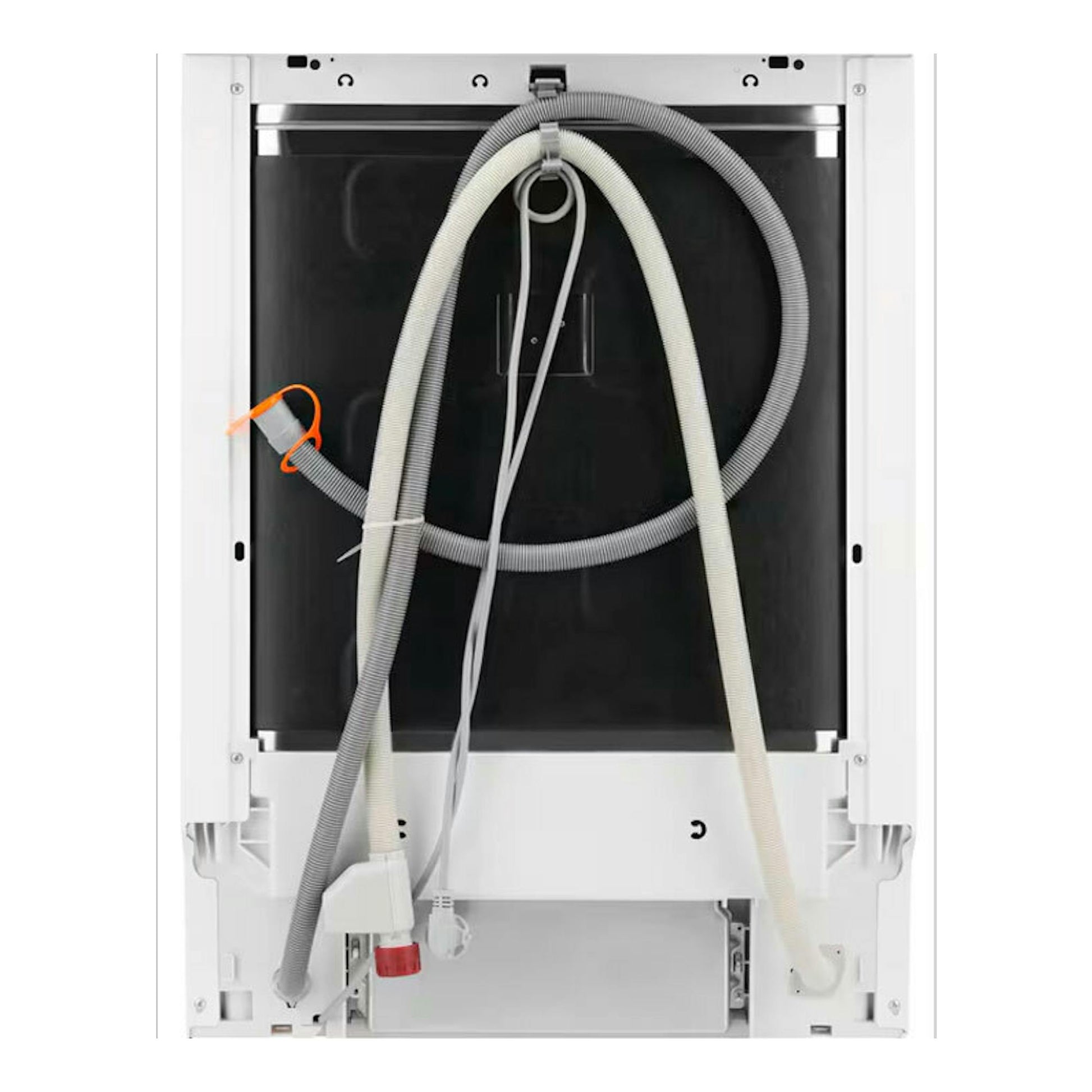 Lavavajillas integrable AEG FSE54600Z, vista trasera, con mangueras y cable visibles, en blanco y negro.