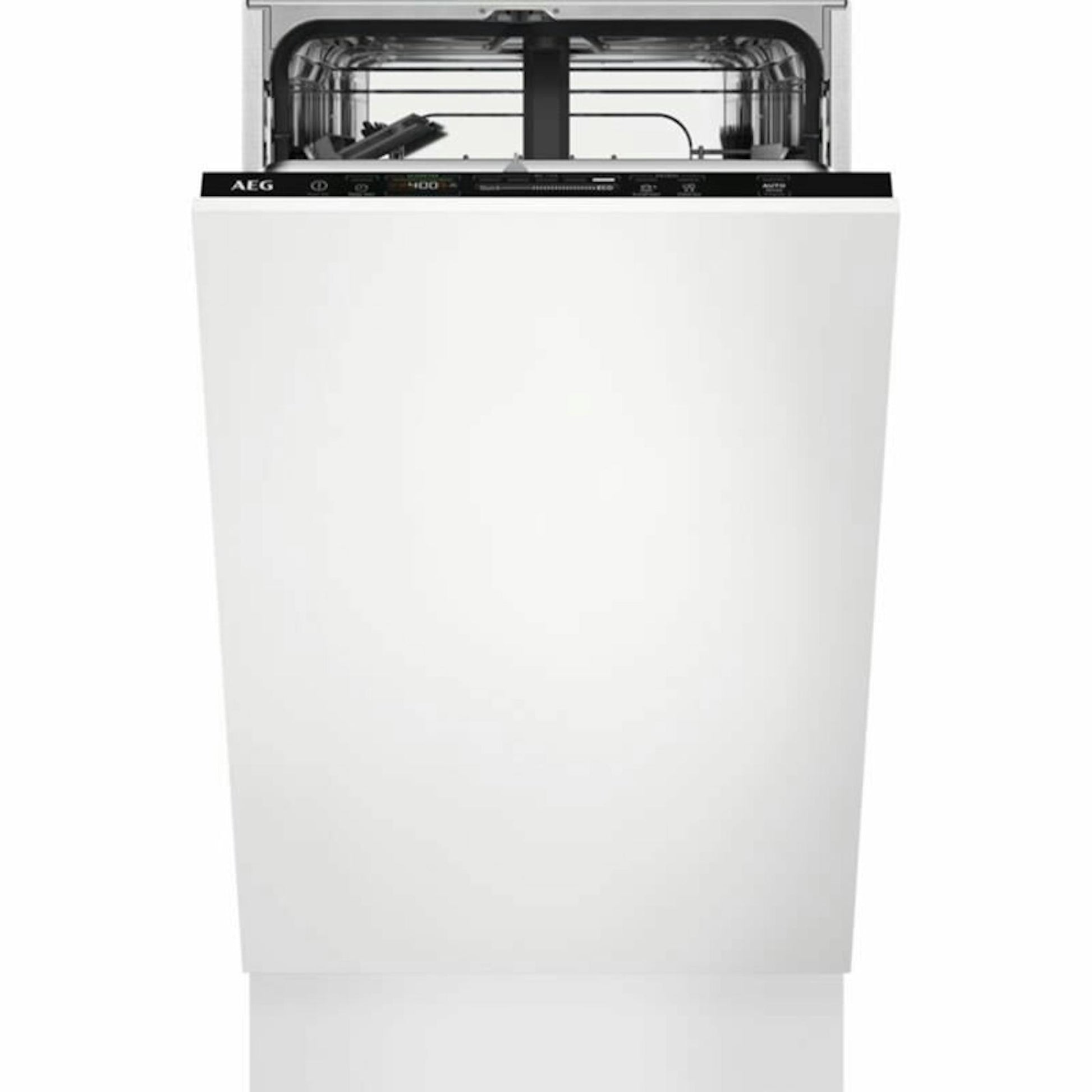 Lavavajillas integrable AEG FSE62417P de 45 cm, vista frontal con la puerta abierta