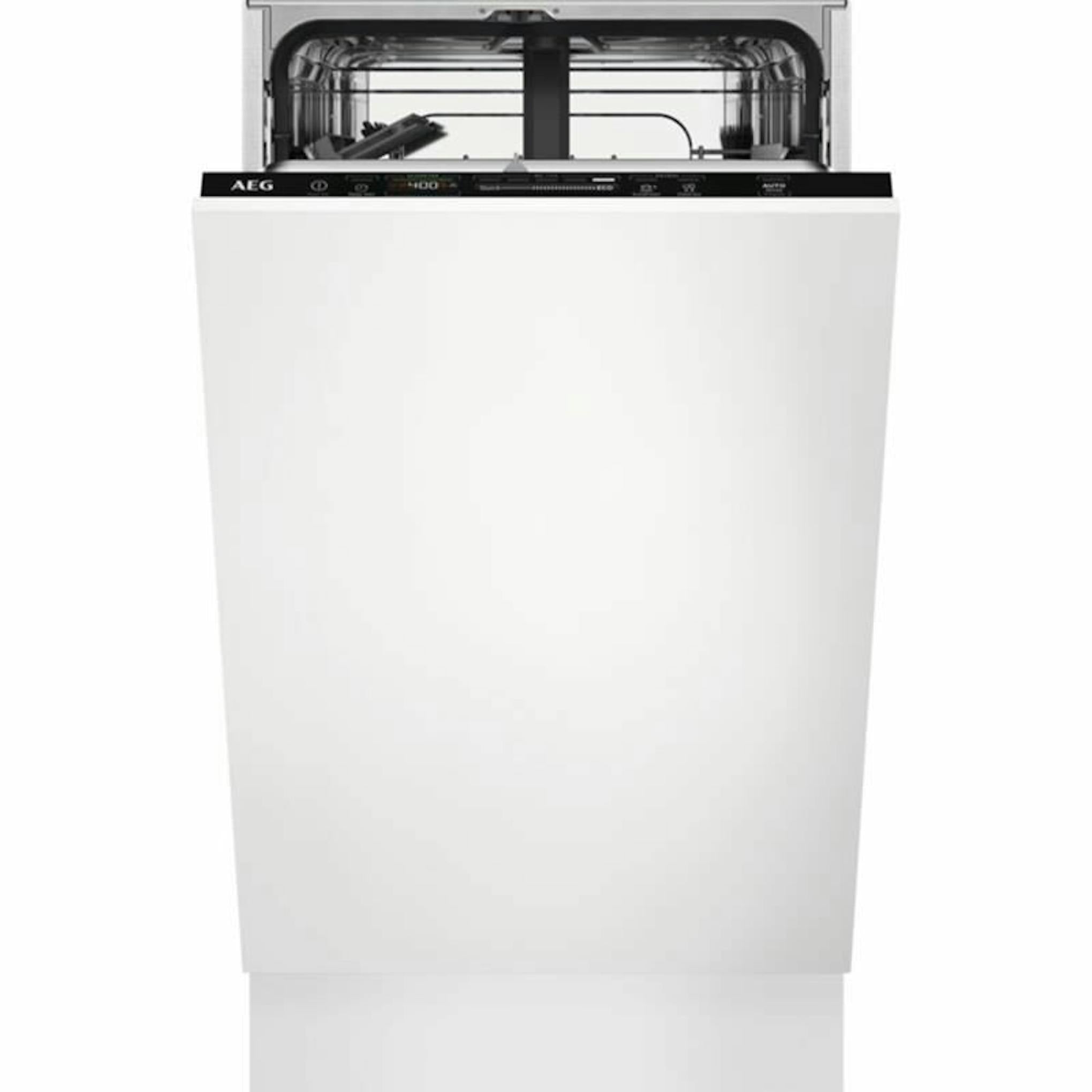 Lavavajillas integrable AEG FSE62417P de 45 cm, vista frontal con la puerta abierta