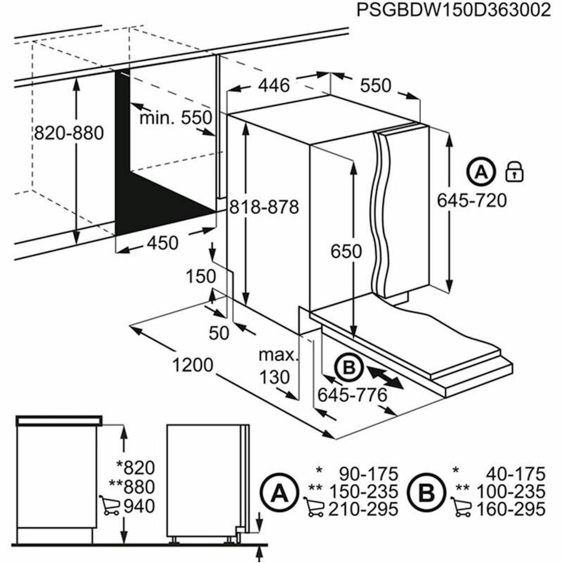 AEG FSE62417P lavavajillas integrable 45 cm, esquema técnico de instalación y medidas