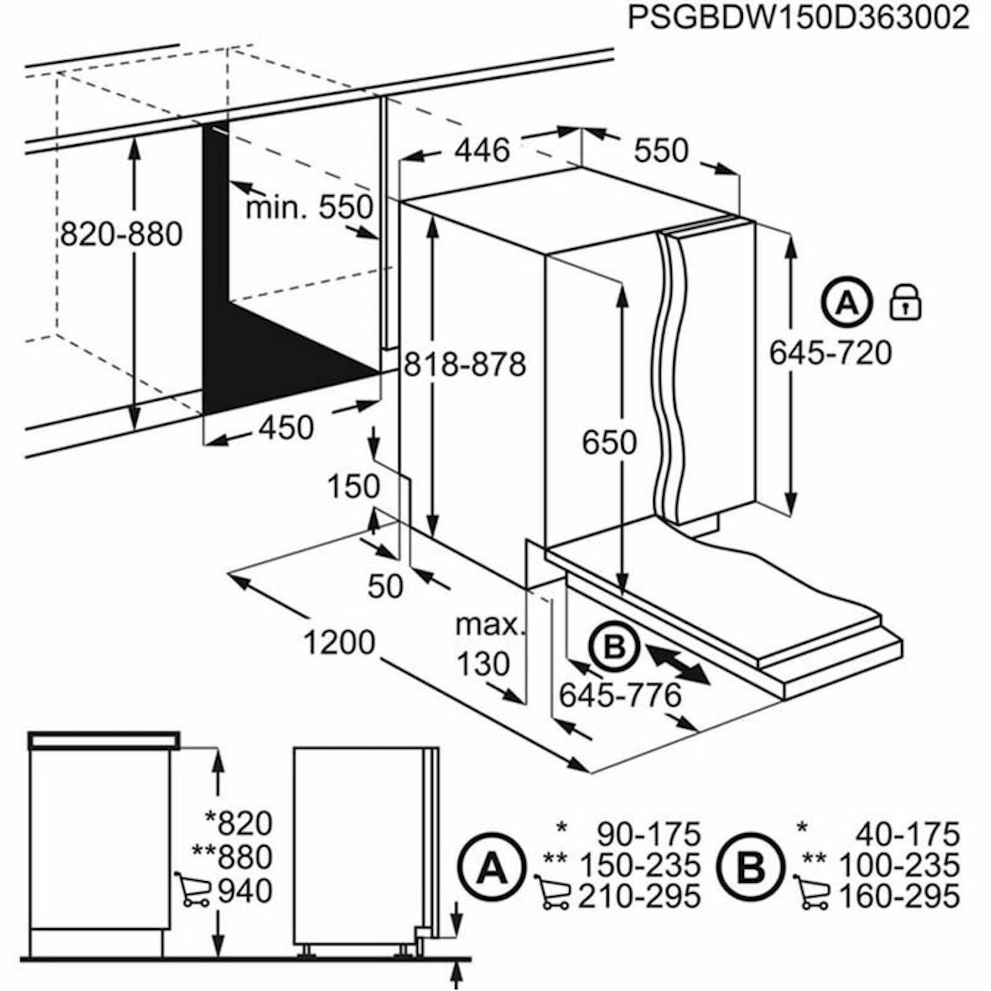 AEG FSE62417P lavavajillas integrable 45 cm, esquema técnico de instalación y medidas