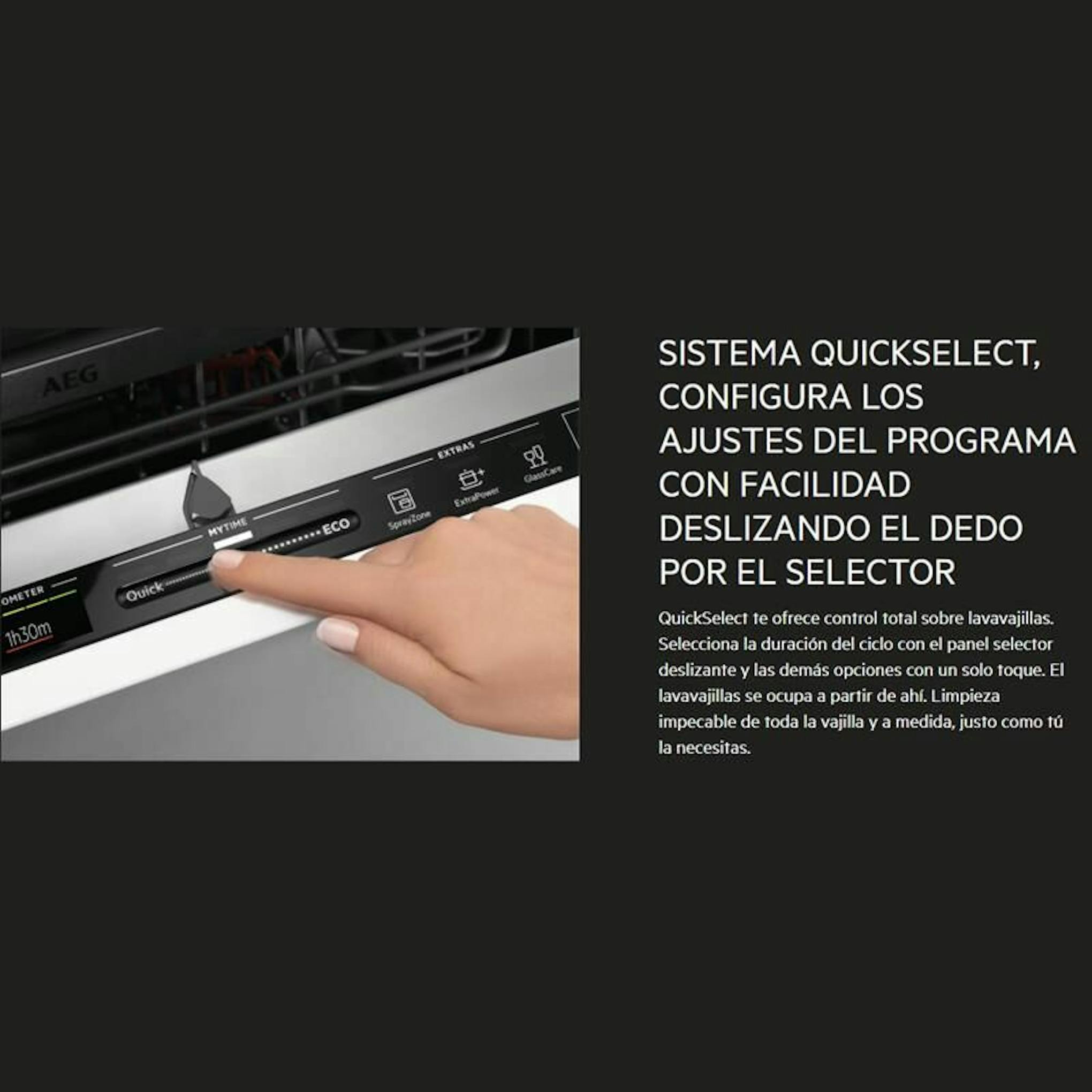 Detalle del panel QuickSelect del lavavajillas integrable AEG FSE62417P de 45 cm
