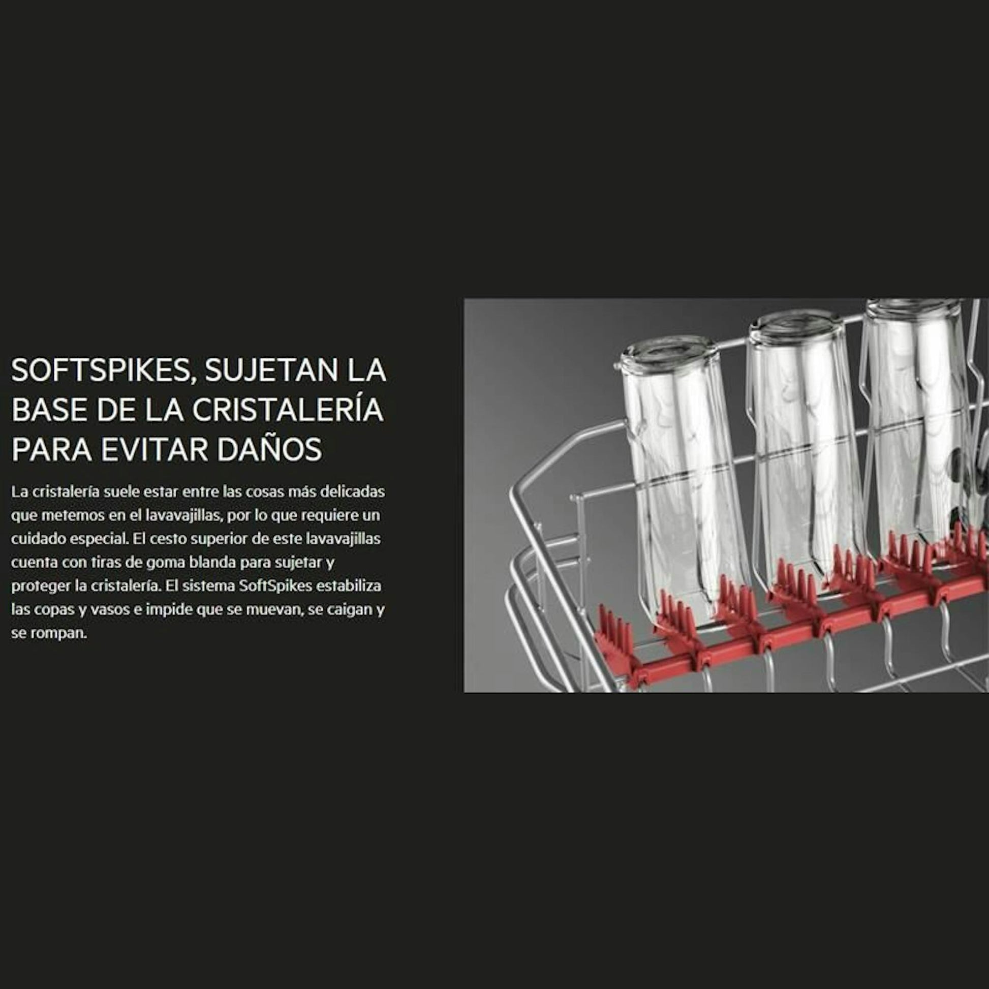 Detalle del lavavajillas integrable AEG FSE62417P con cesta SoftSpikes para copas
