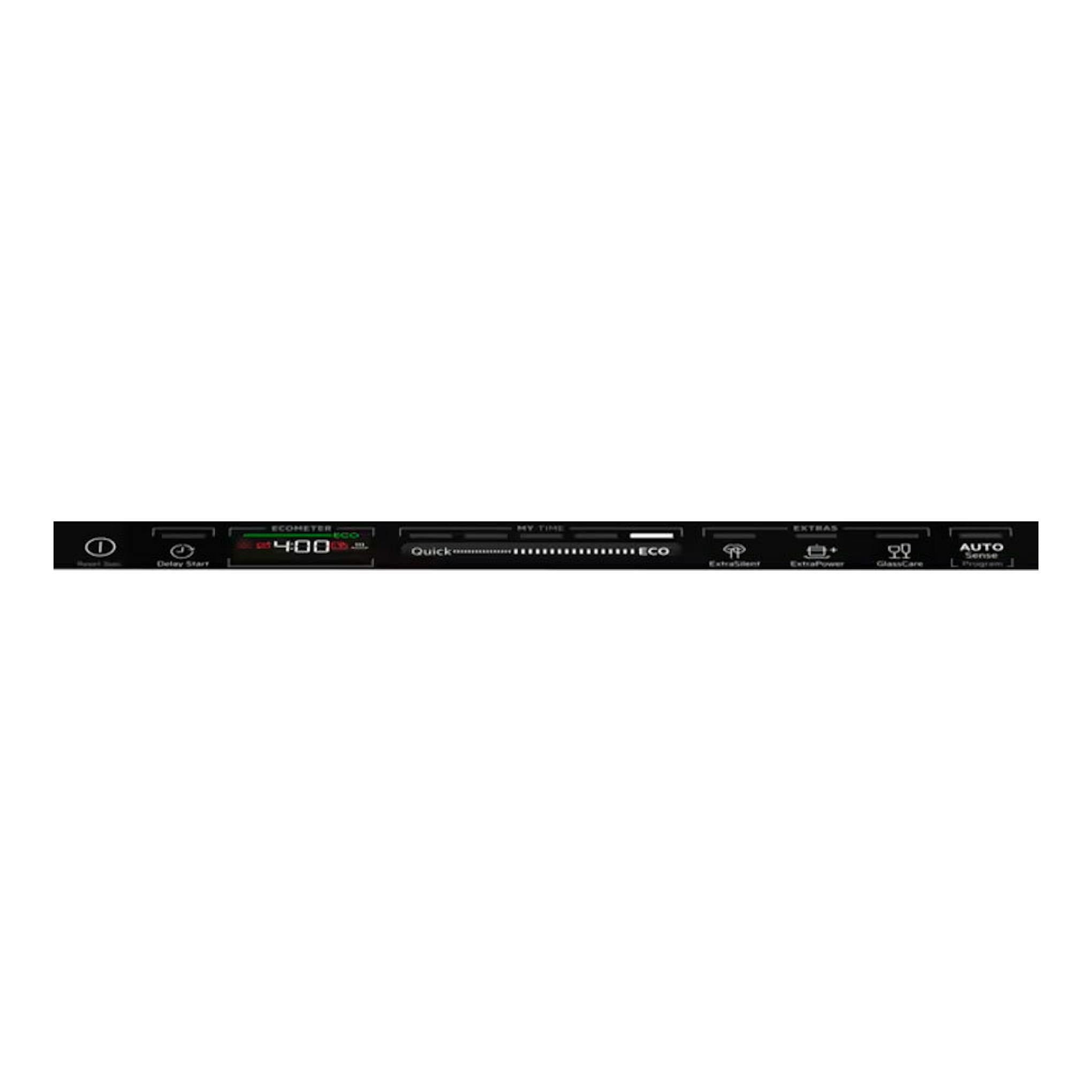 Lavavajillas integrable AEG FSE73507P, vista frontal parcial con panel negro y display digital.