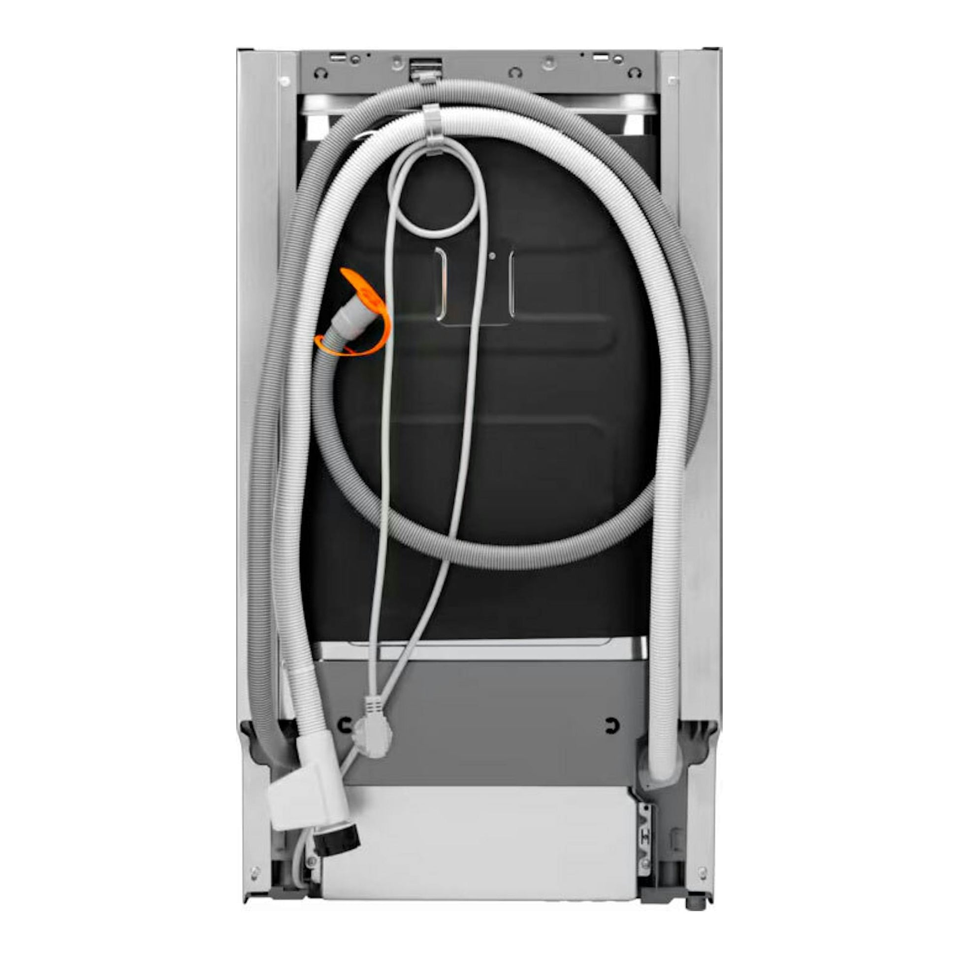 Lavavajillas integrable AEG FSE73507P, vista trasera con mangueras y cables, gris y negro.