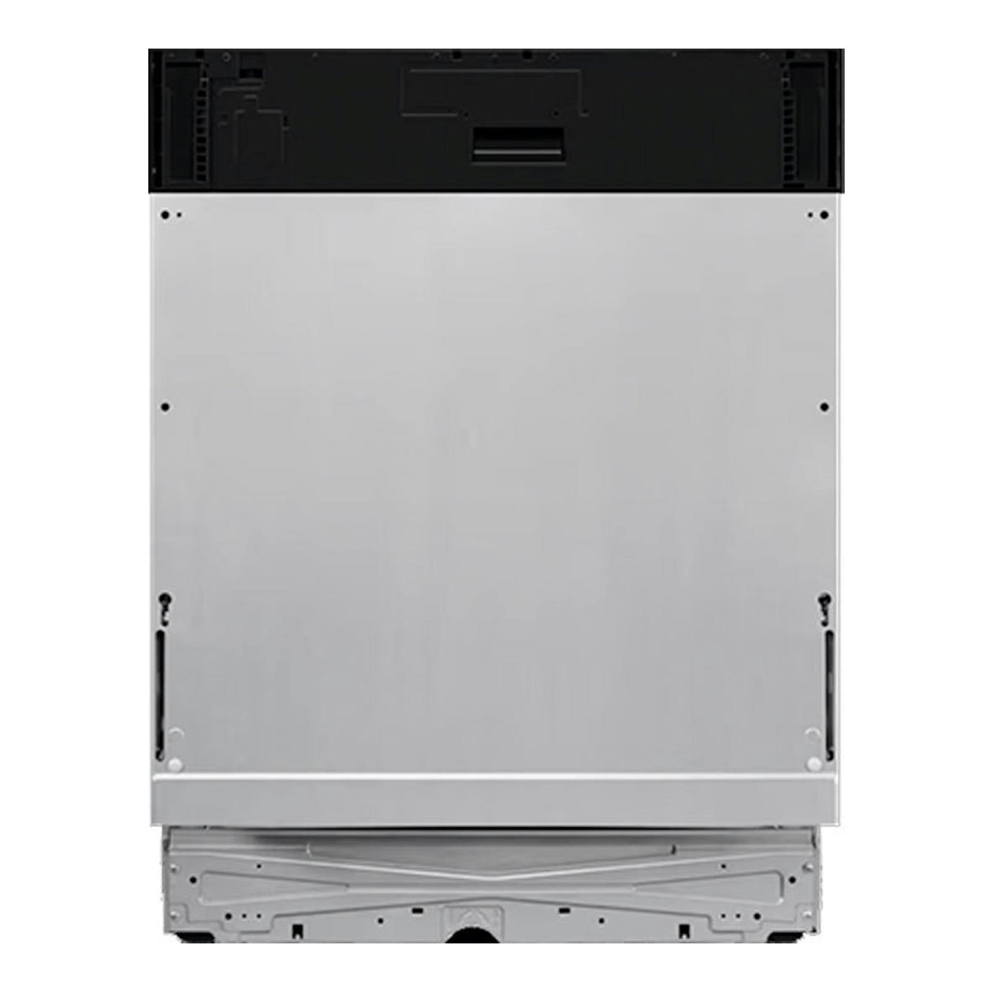 Lavavajillas integrable AEG FSE76727P, vista trasera, panel metálico plateado y parte superior negra.