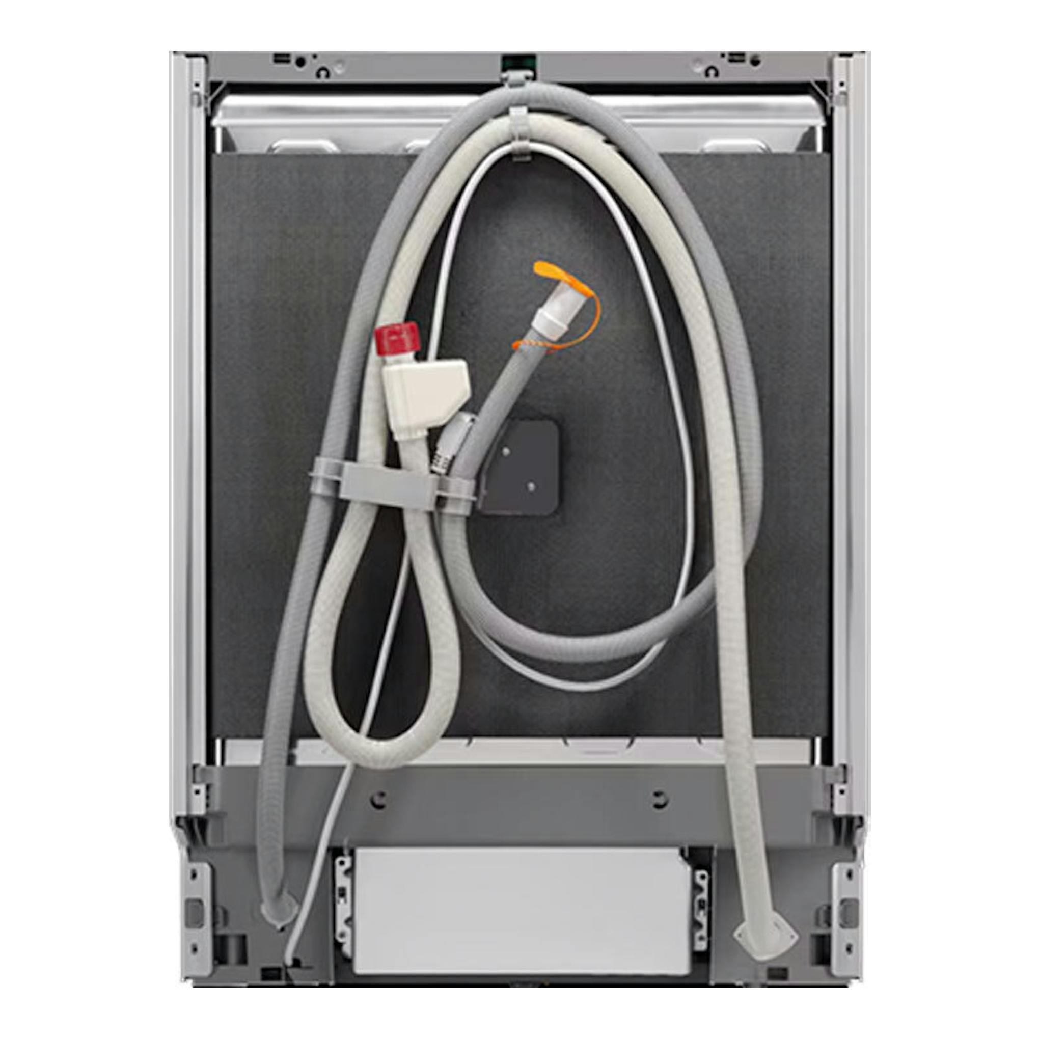 Lavavajillas integrable AEG FSE76727P, vista trasera, con mangueras y cableado visibles.