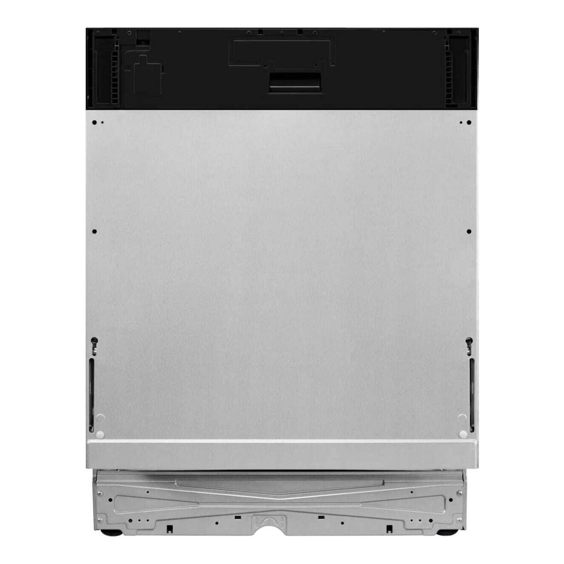 Lavavajillas integrable AEG FSE77707P, vista trasera, panel metálico plateado y parte superior negra.