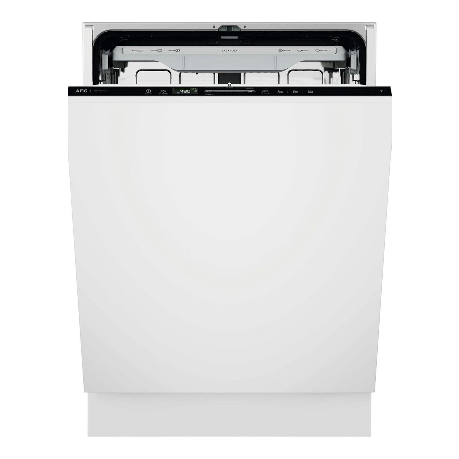Lavavajillas integrable AEG GI8700A2PN, vista frontal con la puerta abierta, panel negro y acabado blanco.