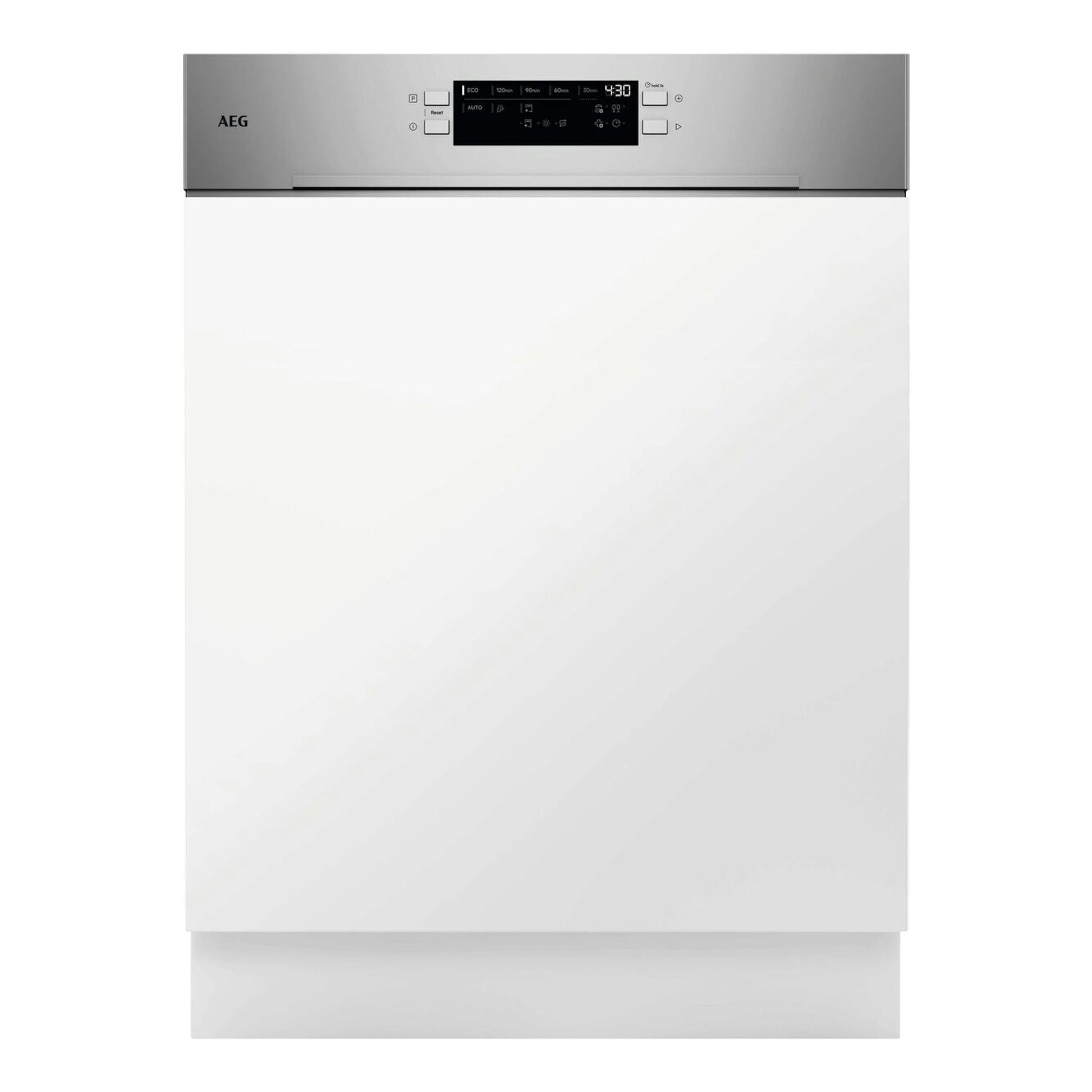 Lavavajillas integrable AEG GT6200B2SNM, vista frontal, panel superior inox y puerta blanca.