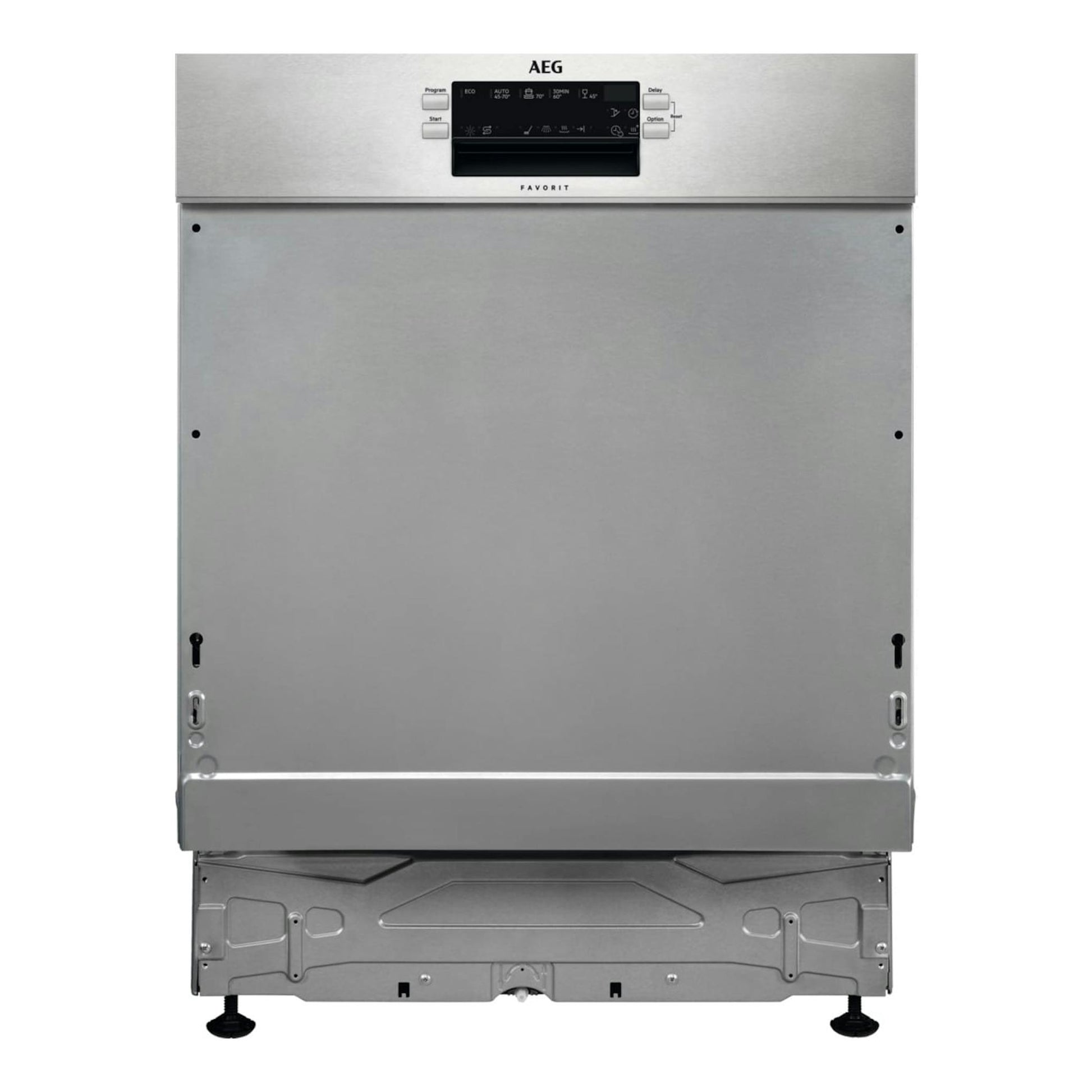 Lavavajillas integrable AEG GT6200B2SNM, frontal acero inoxidable, panel superior negro, vista frontal.