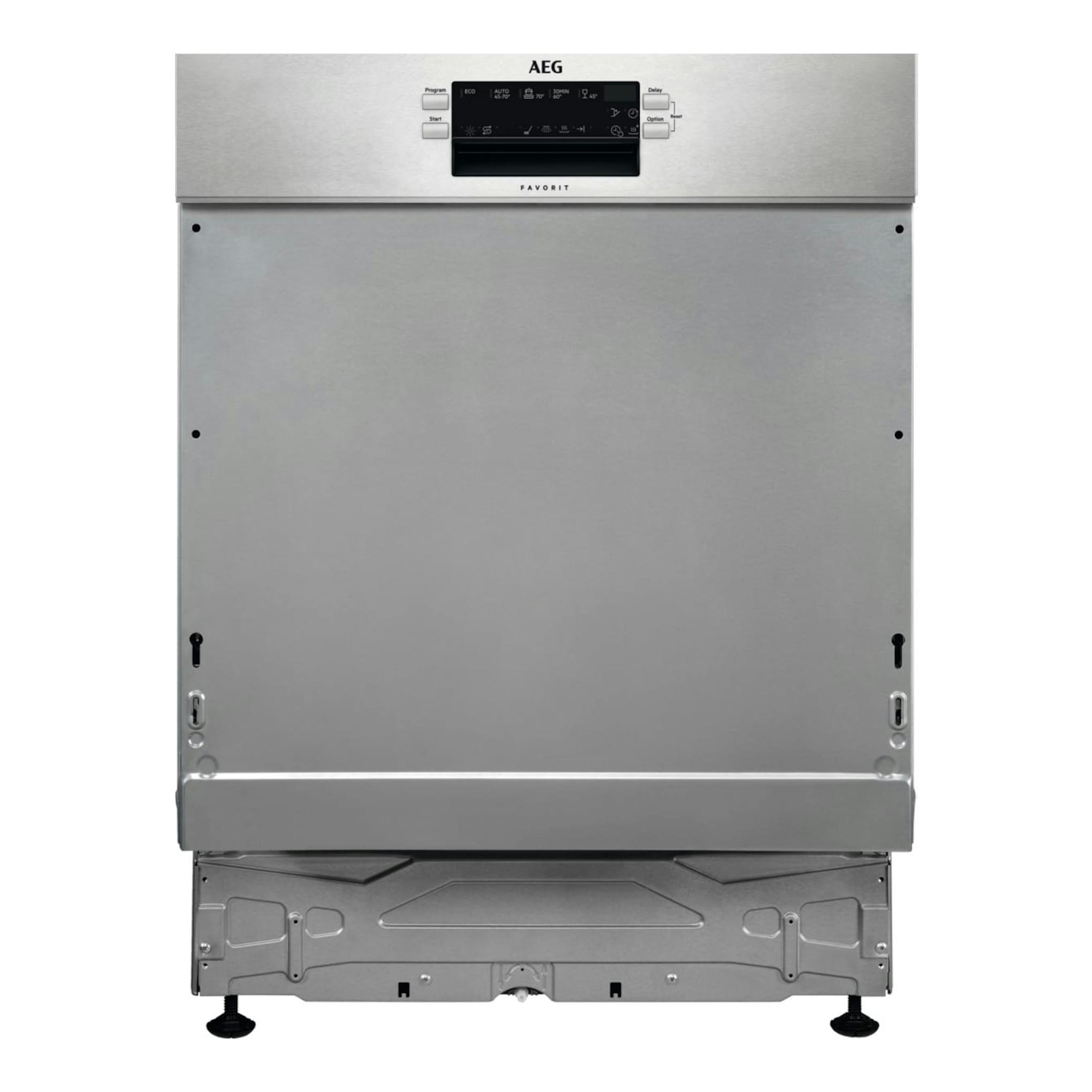 Lavavajillas integrable AEG GT6200B2SNM, frontal acero inoxidable, panel superior negro, vista frontal.