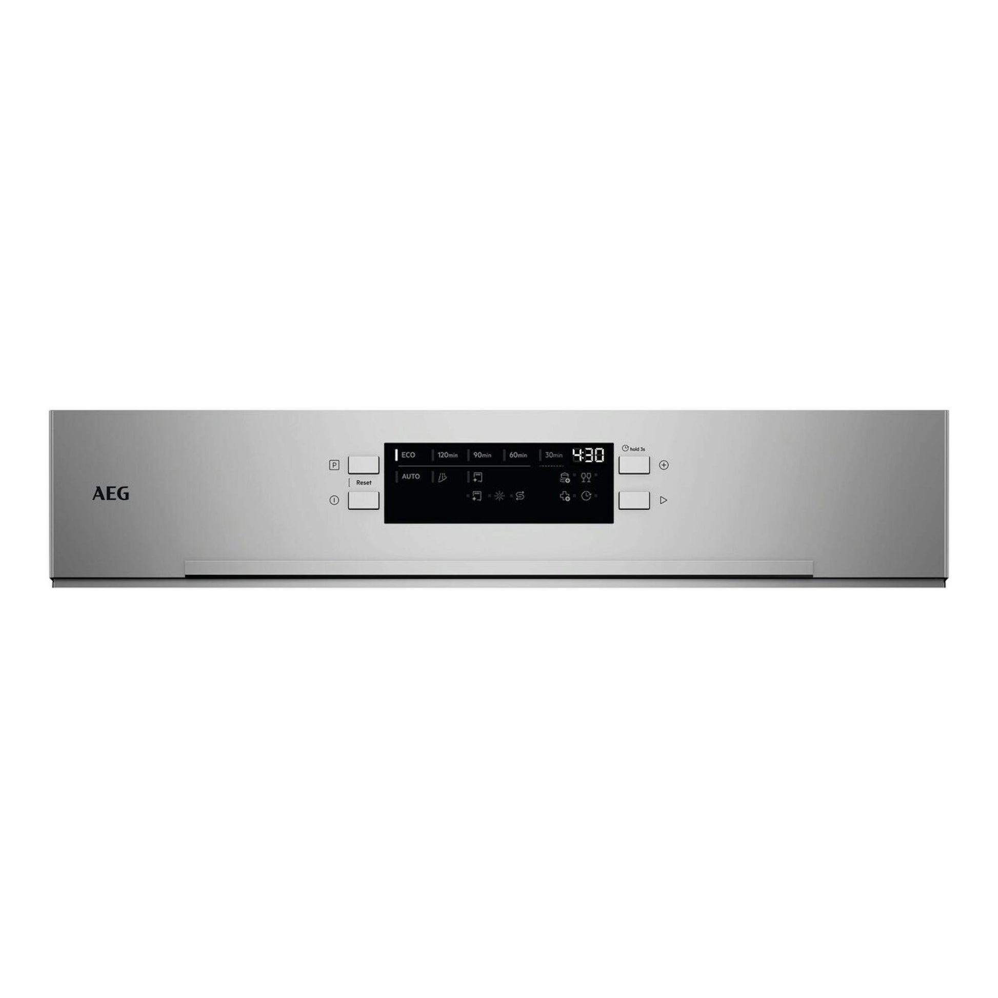 Lavavajillas integrable AEG GT6200B2SNM, vista frontal, panel superior gris y puerta blanca.