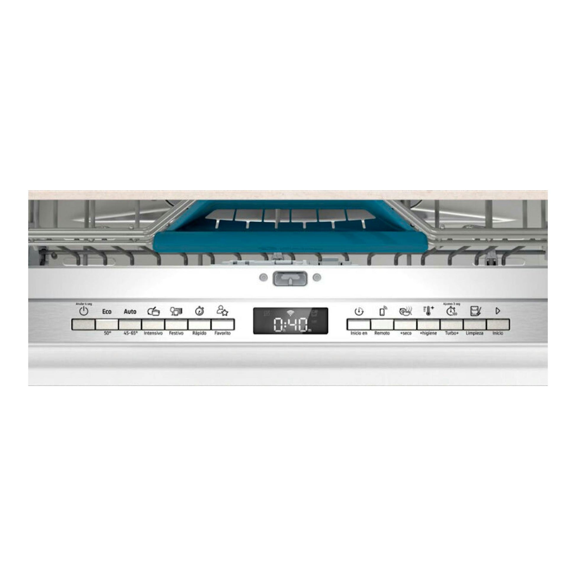 Lavavajillas integrable Balay 3VF6360DA, vista frontal con puerta abierta y panel de control blanco.