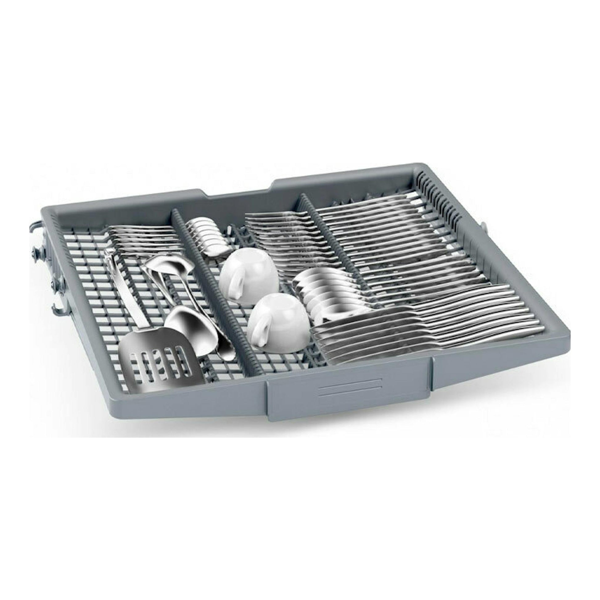 Bandeja gris para cubiertos de lavavajillas, vista en perspectiva, con cubiertos y tazas.