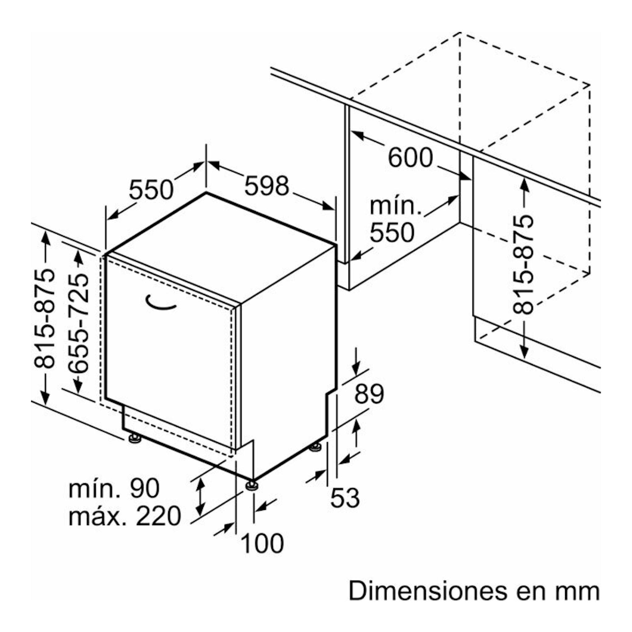 Esquema técnico de lavavajillas integrable Balay 3VF6662SA en vista isométrica, con dimensiones en mm.