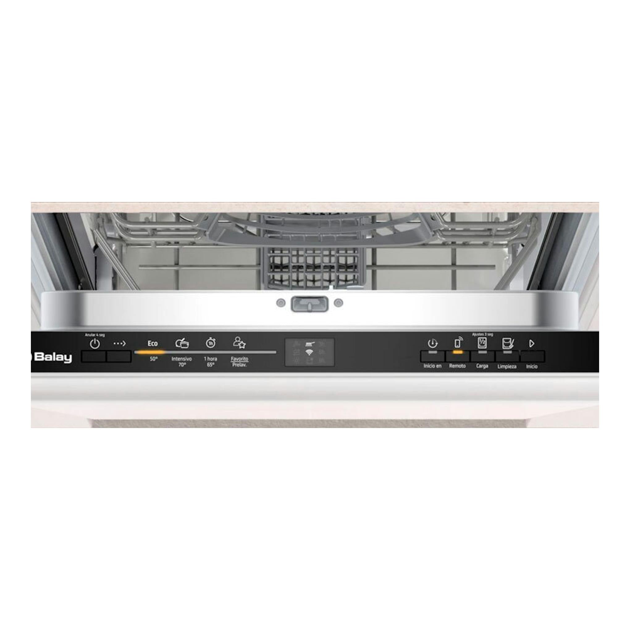 Lavavajillas integrable Balay 3VT4032NA, vista frontal con puerta abierta y panel de control visible.