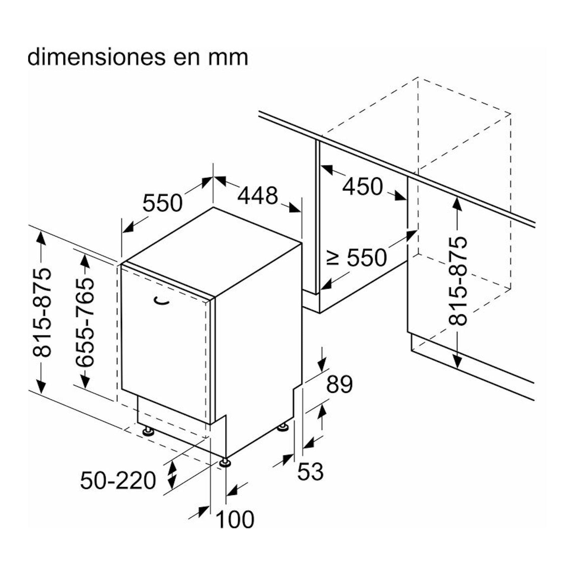 Esquema de dimensiones de lavavajillas integrable Balay 3VT5332DA de 45 cm, vista frontal y lateral en mm.