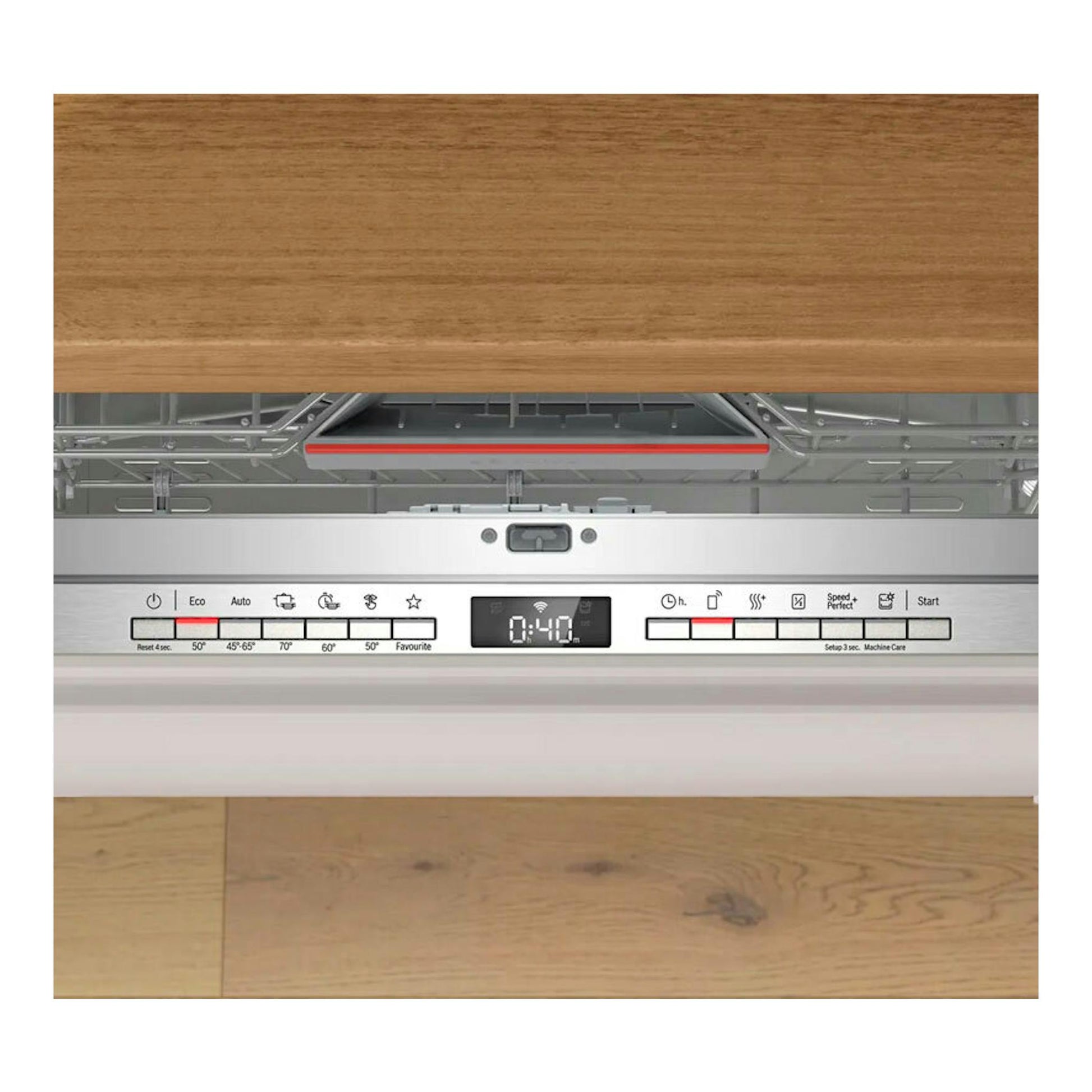 Lavavajillas integrable Bosch SBH4ECX28E con puerta abierta, panel blanco y display central.