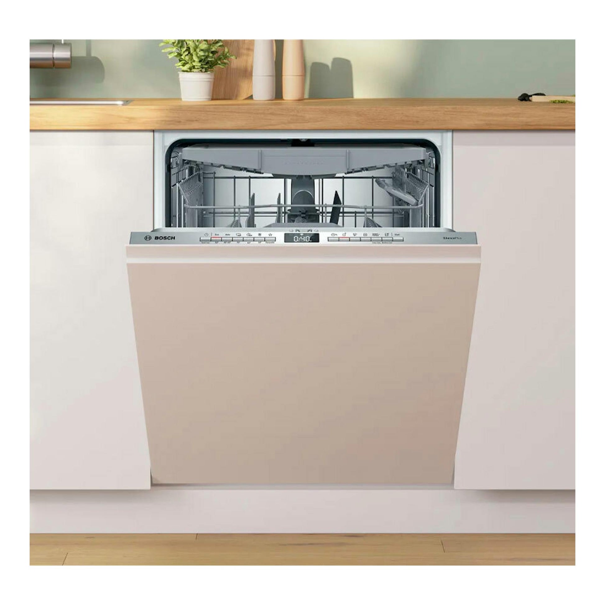 Lavavajillas integrable Bosch SBH4ECX28E, abierto, con panel beige y cesta interior visible.