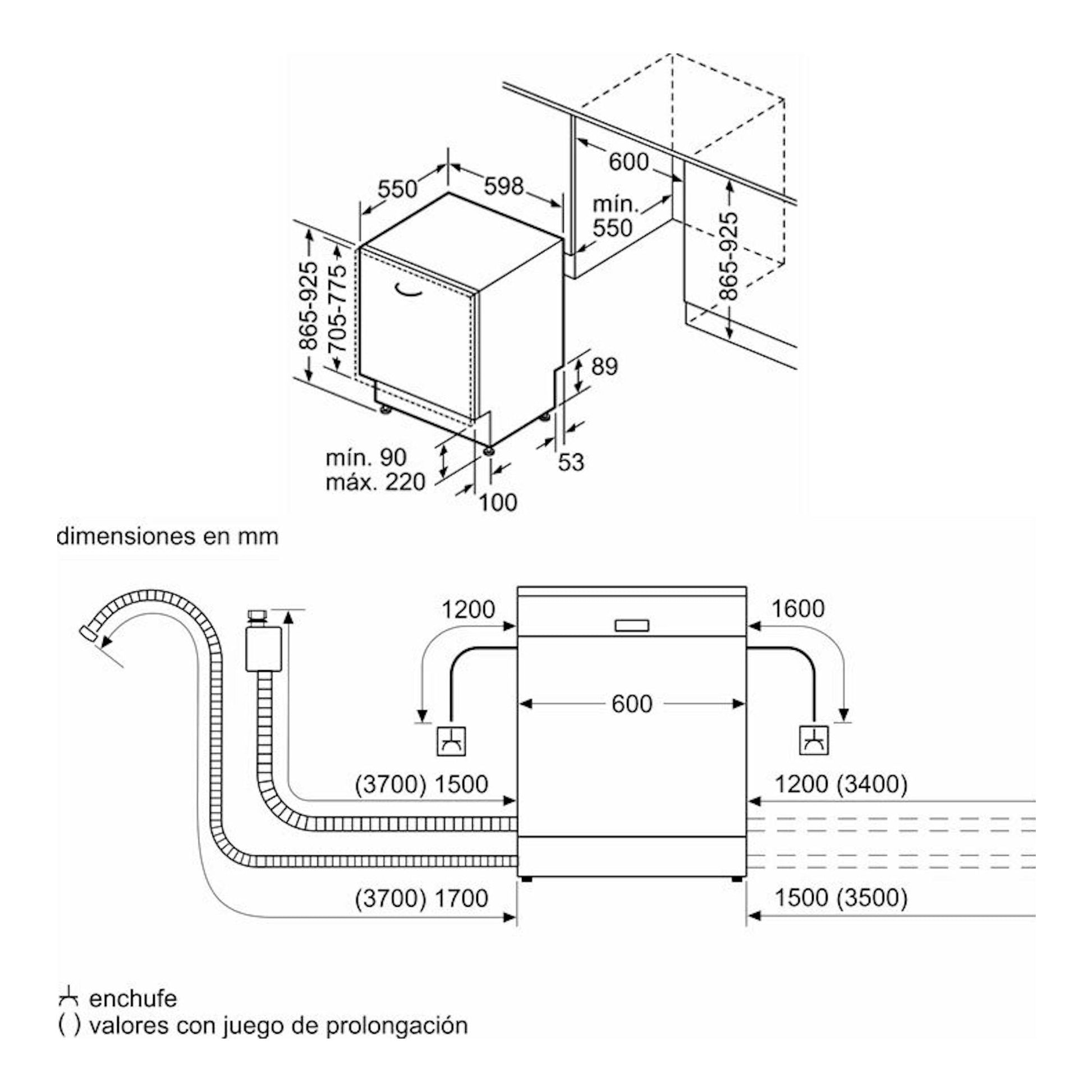 Esquema técnico en blanco y negro de lavavajillas integrable Bosch SBV6ZCX10E, vista frontal y lateral con medidas.