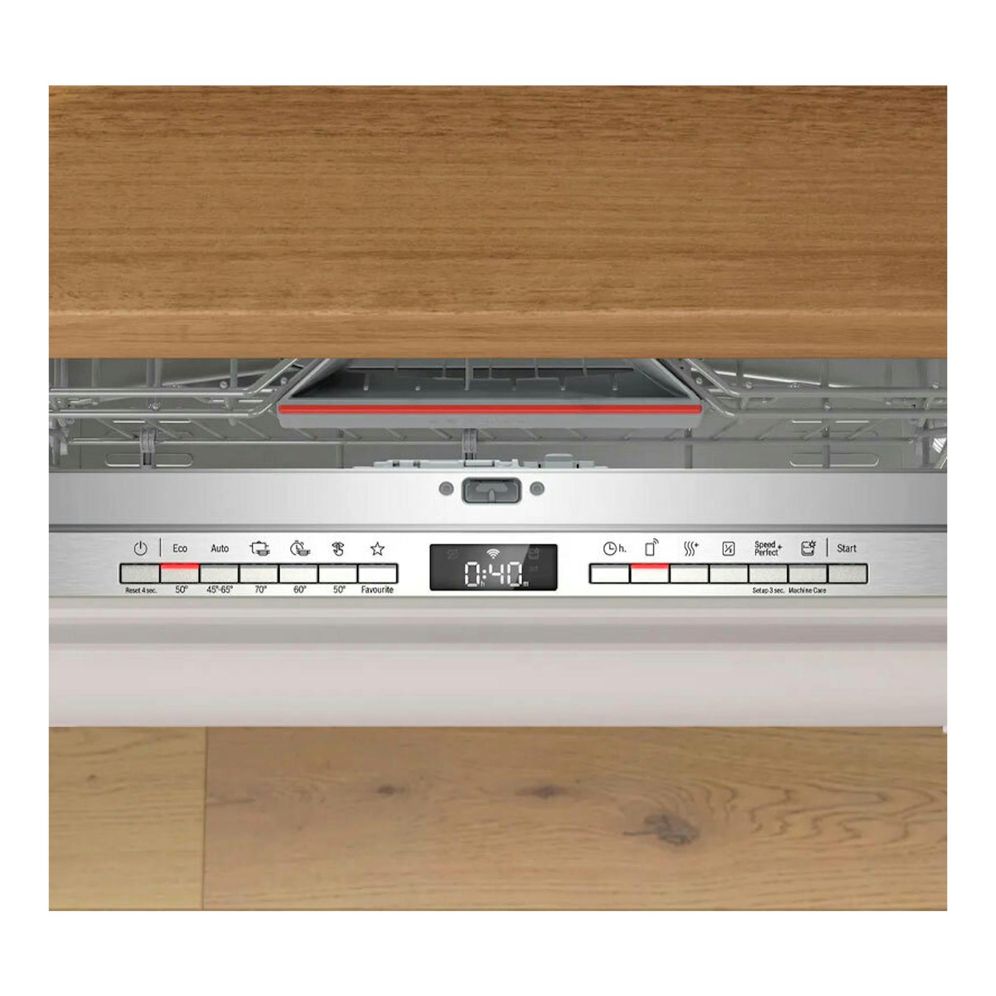 Lavavajillas integrable Bosch SBV6ZCX10E, vista frontal con puerta abierta y panel de control blanco.
