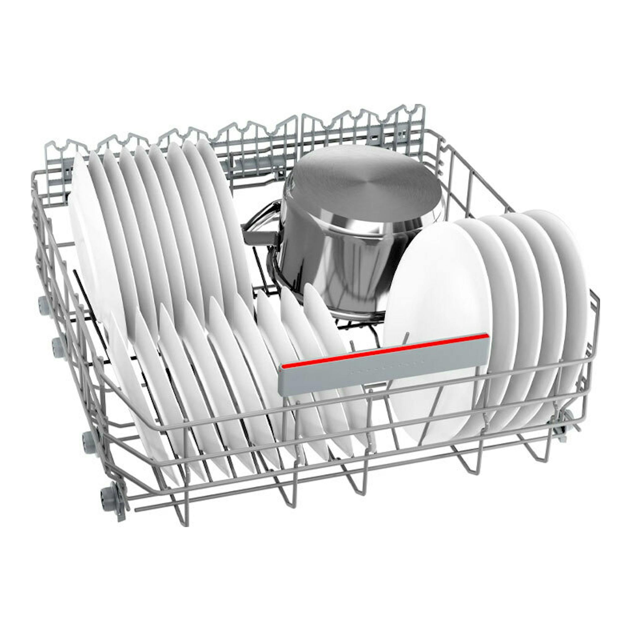 Bosch SBV6ZCX10E: cesta inferior de lavavajillas integrable con platos y una olla, vista en ángulo.