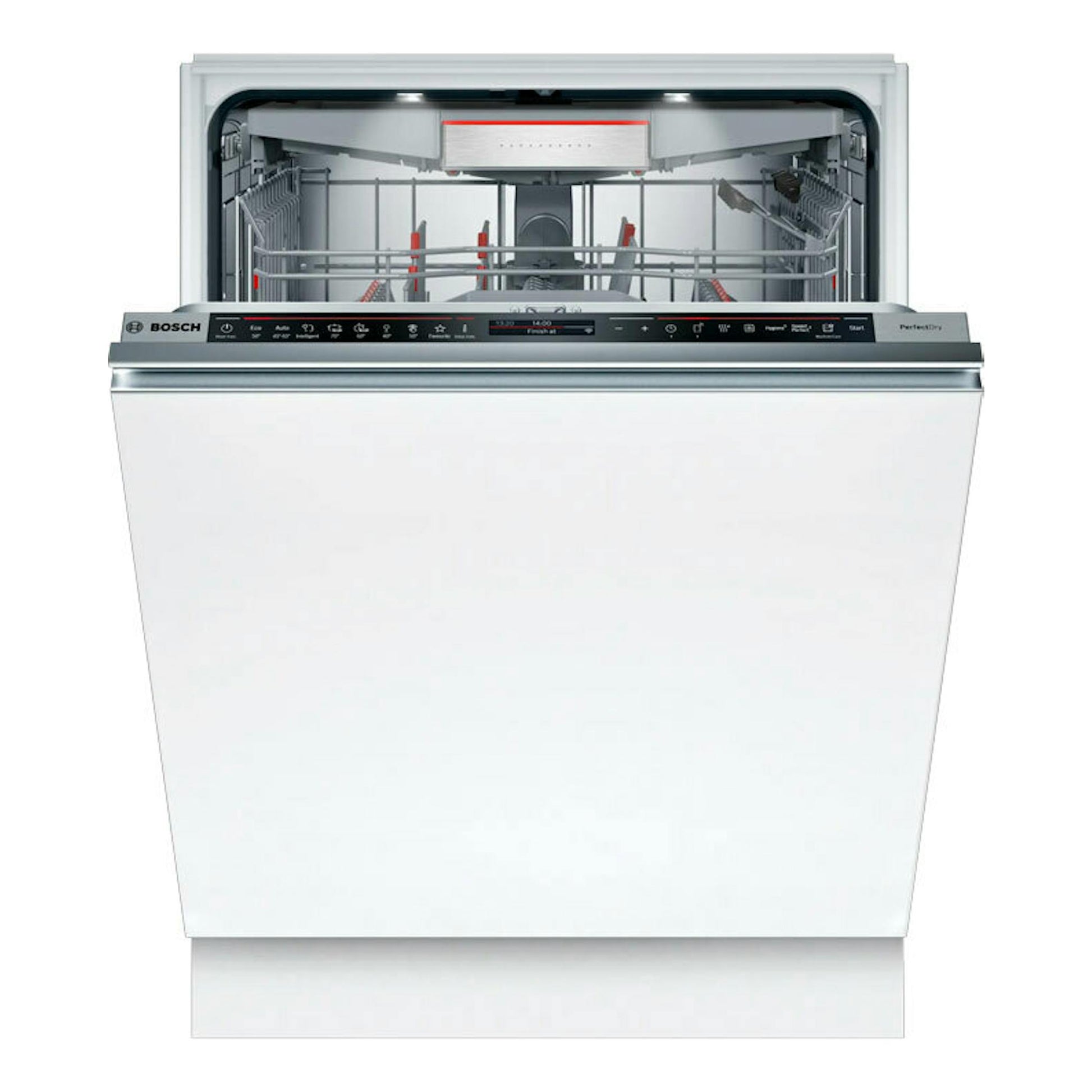 Lavavajillas integrable Bosch SMD8TCX04E blanco, vista frontal con puerta abierta e interior visible.