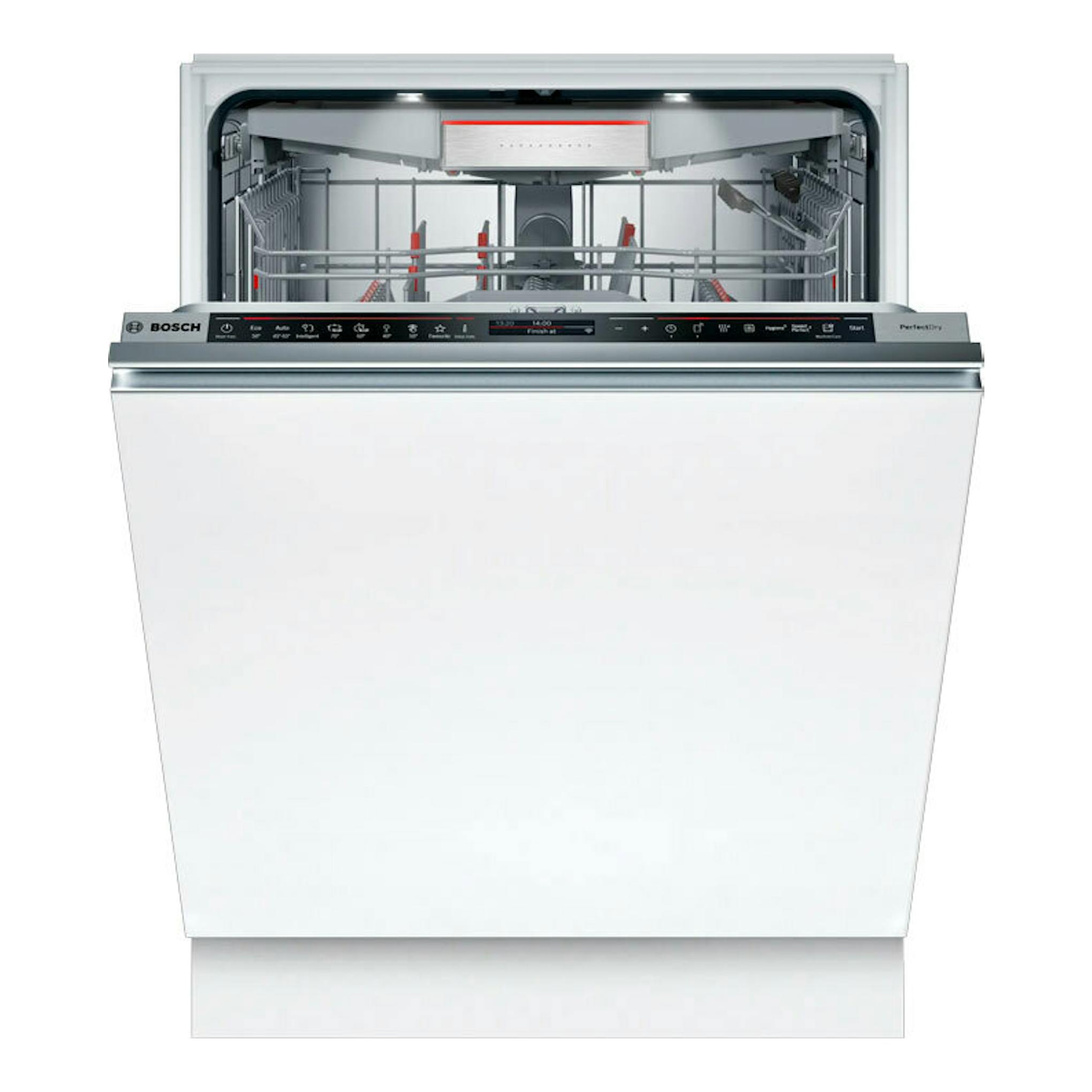 Lavavajillas integrable Bosch SMD8TCX04E blanco, vista frontal con puerta abierta e interior visible.