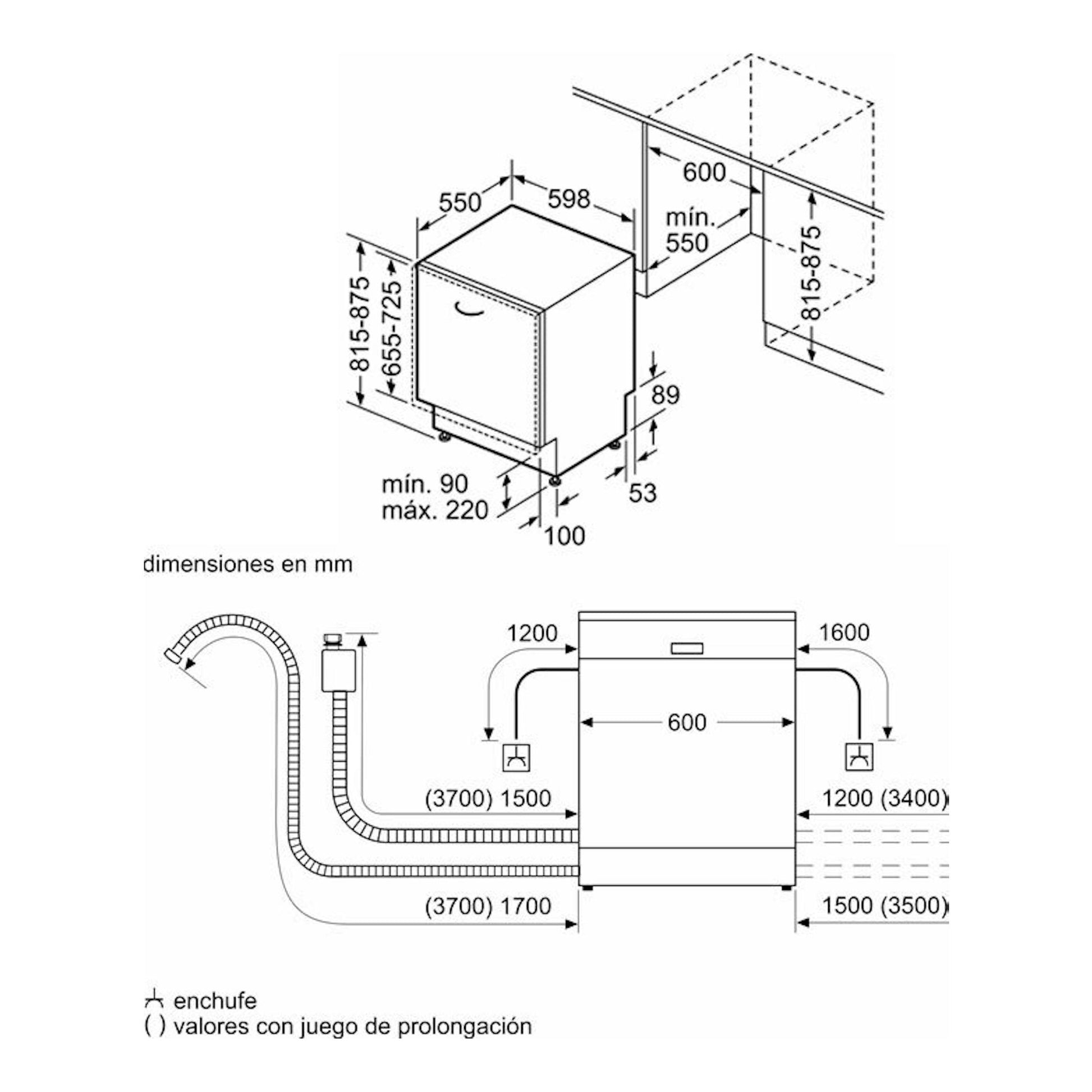 Diagrama técnico en blanco y negro de lavavajillas integrable Bosch SMD8TCX04E, vistas frontal y lateral con medidas.