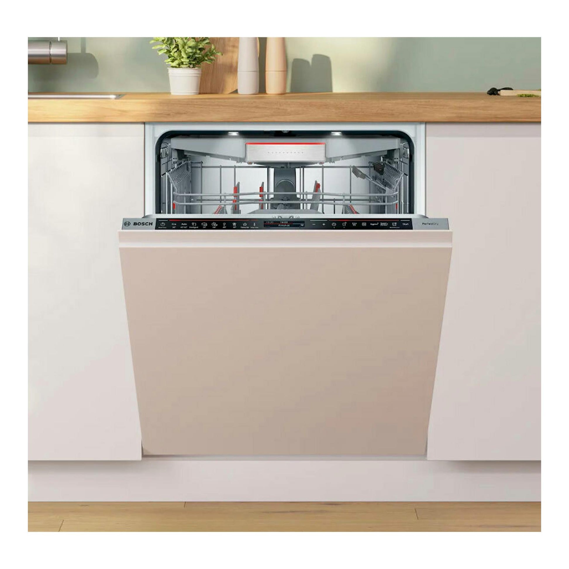 Lavavajillas integrable Bosch SMD8TCX04E, vista frontal abierta, panel negro y puerta beige.
