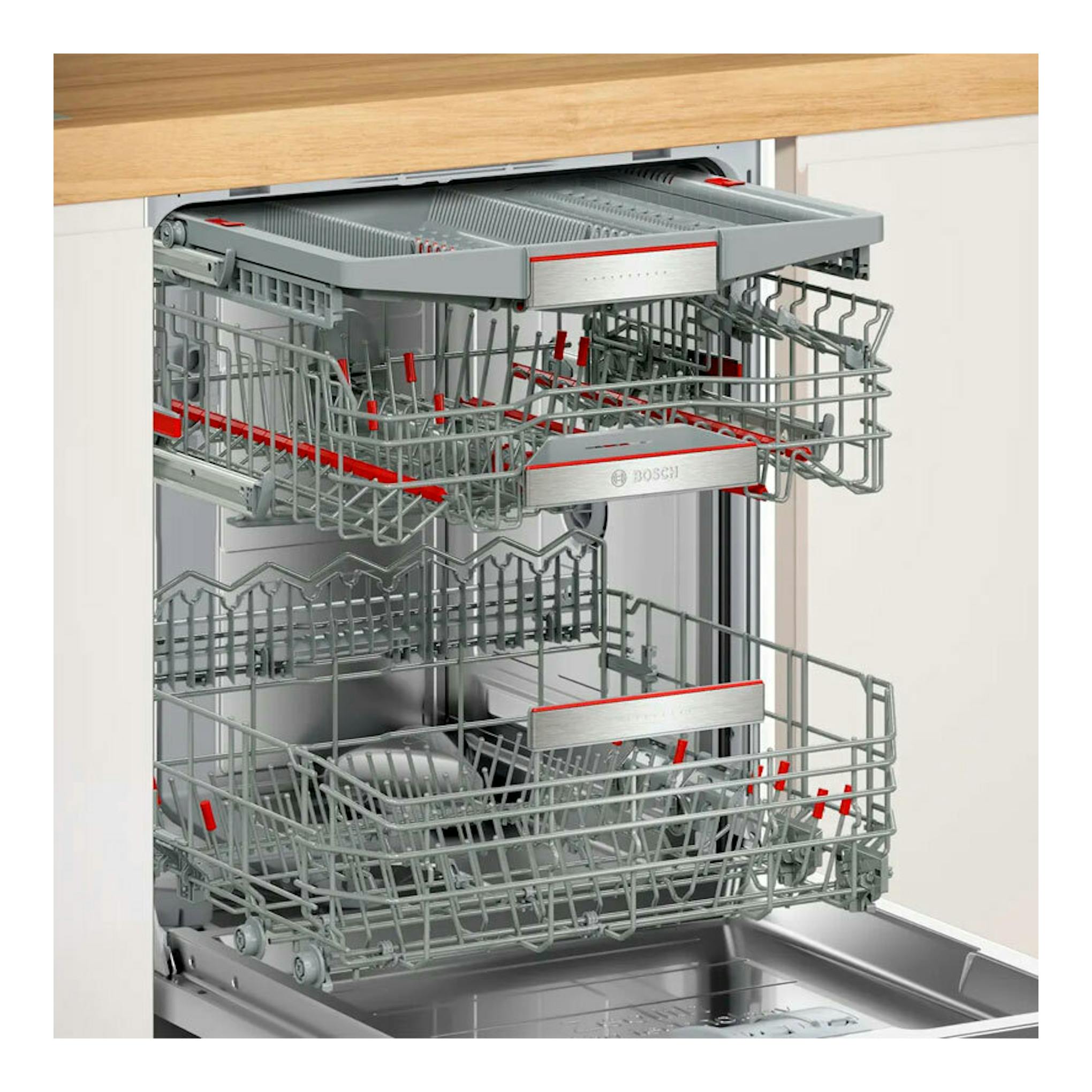 Lavavajillas integrable Bosch SMD8TCX04E de 60 cm, abierto en vista frontal, con cestas grises y detalles rojos.