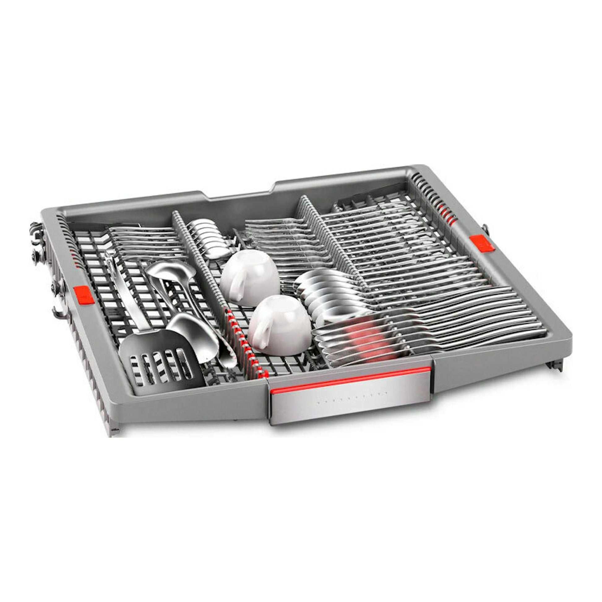 Lavavajillas integrable Bosch SMD8TCX04E, bandeja superior gris para cubiertos, vista en ángulo.