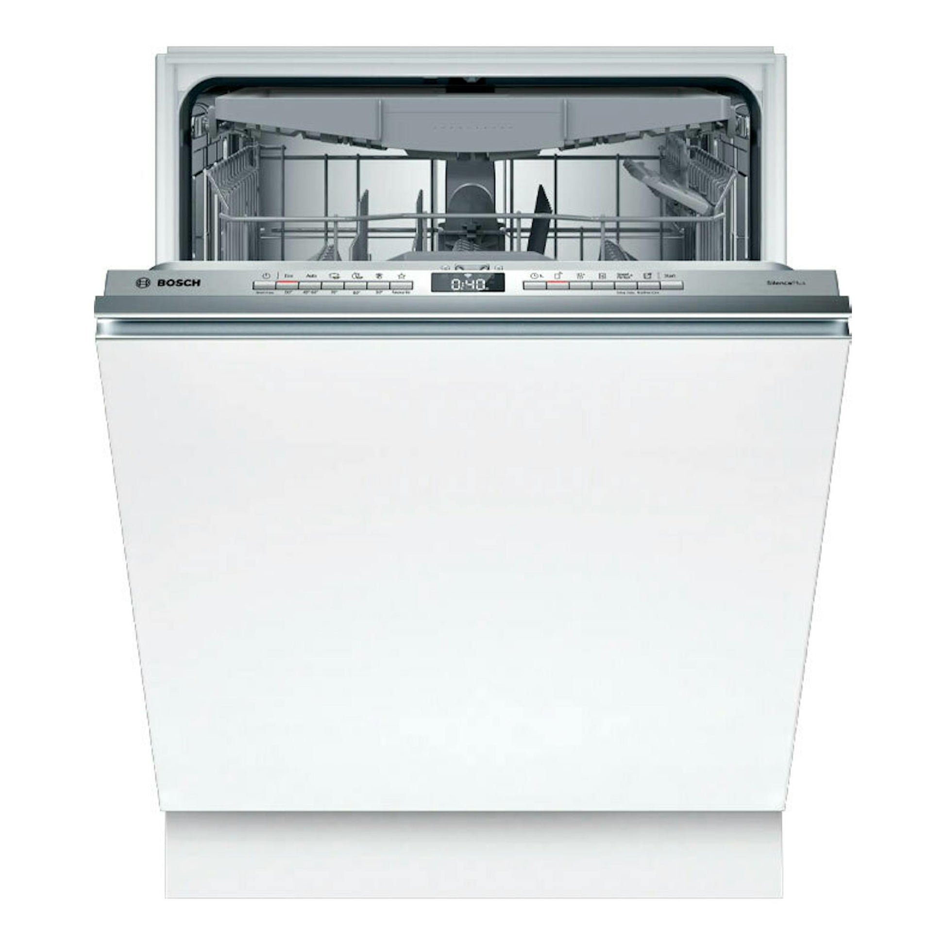 Lavavajillas integrable Bosch SMH4ECX28E blanco, vista frontal con la puerta abierta.
