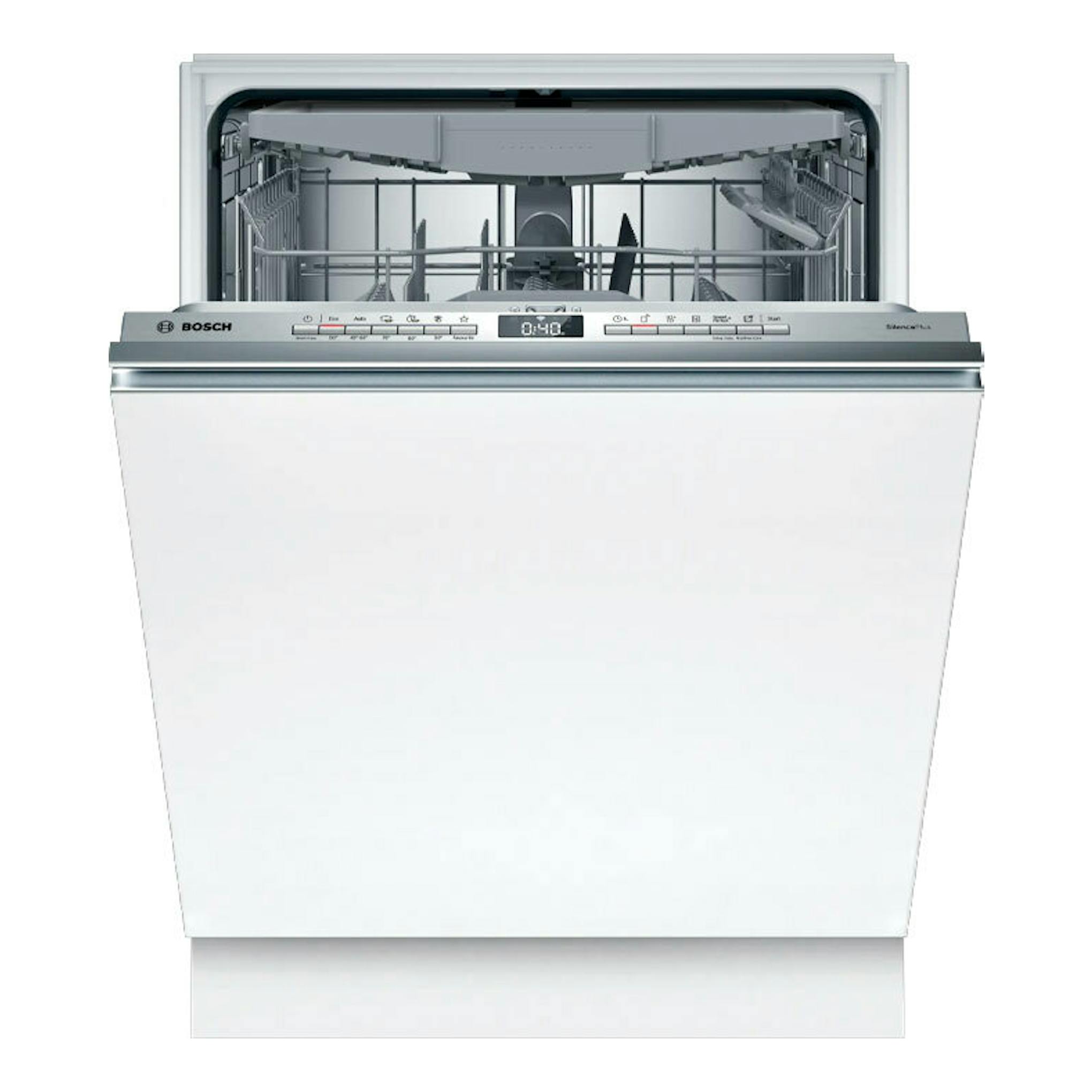 Lavavajillas integrable Bosch SMH4ECX28E blanco, vista frontal con la puerta abierta.